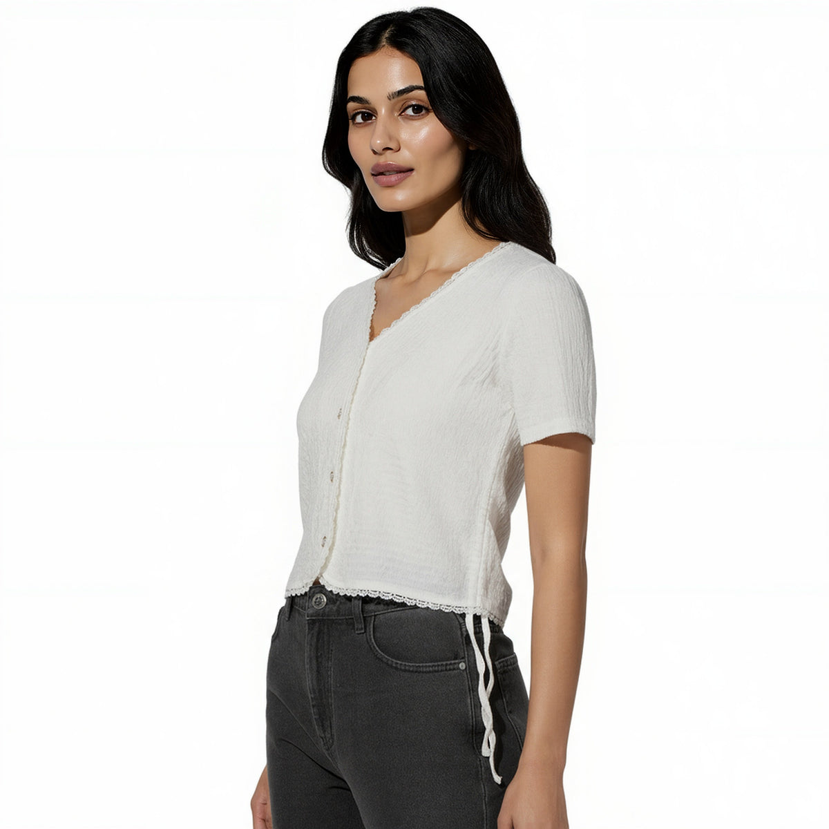 V-Neck Top With Front Button Opening And Side Ruching