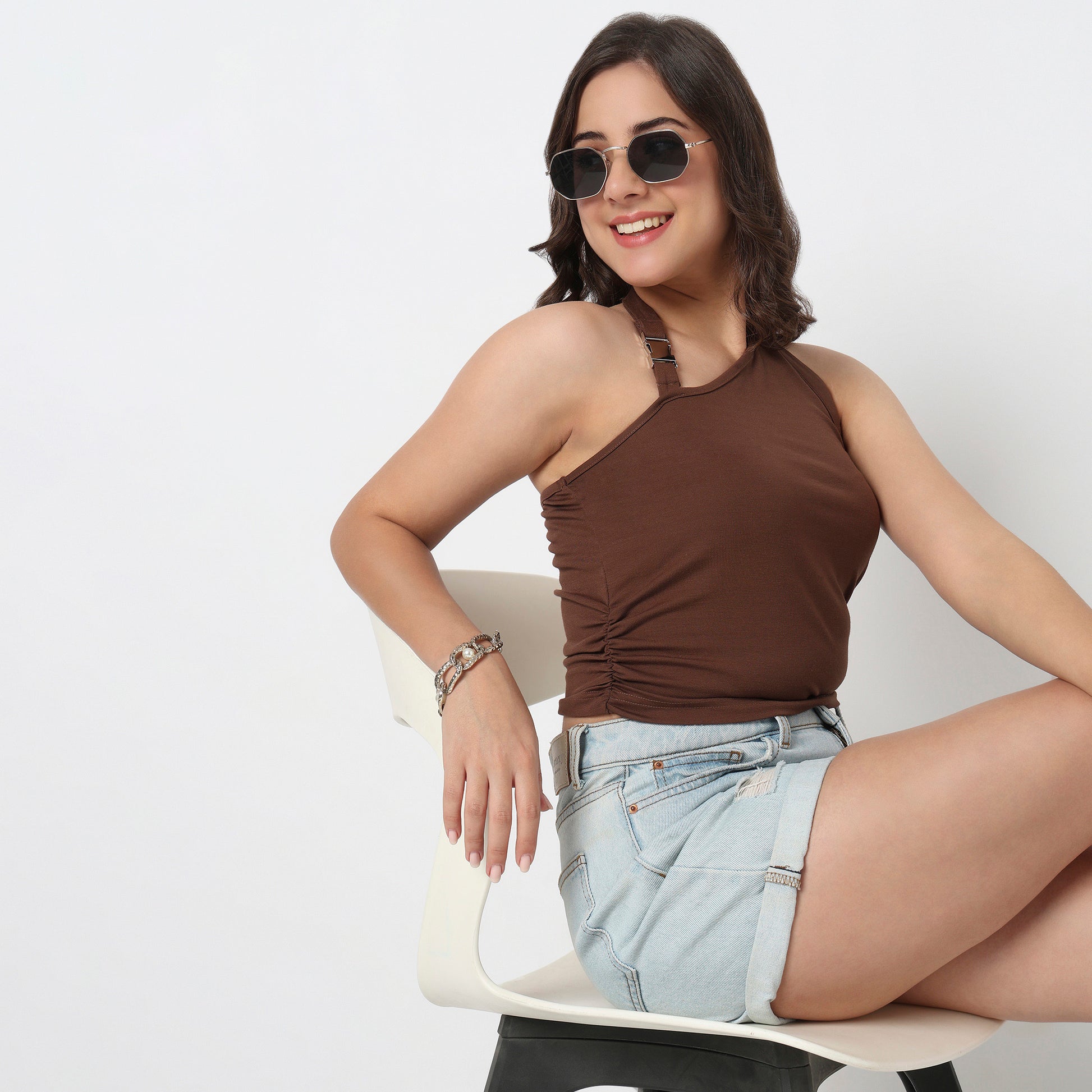 Cropped One Shoulder Ruched Top With Metal Adjuster