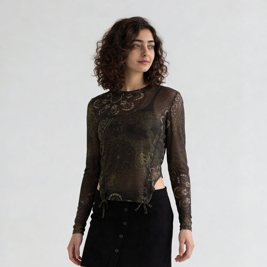 Floral Mesh Top With Ruching At Sides