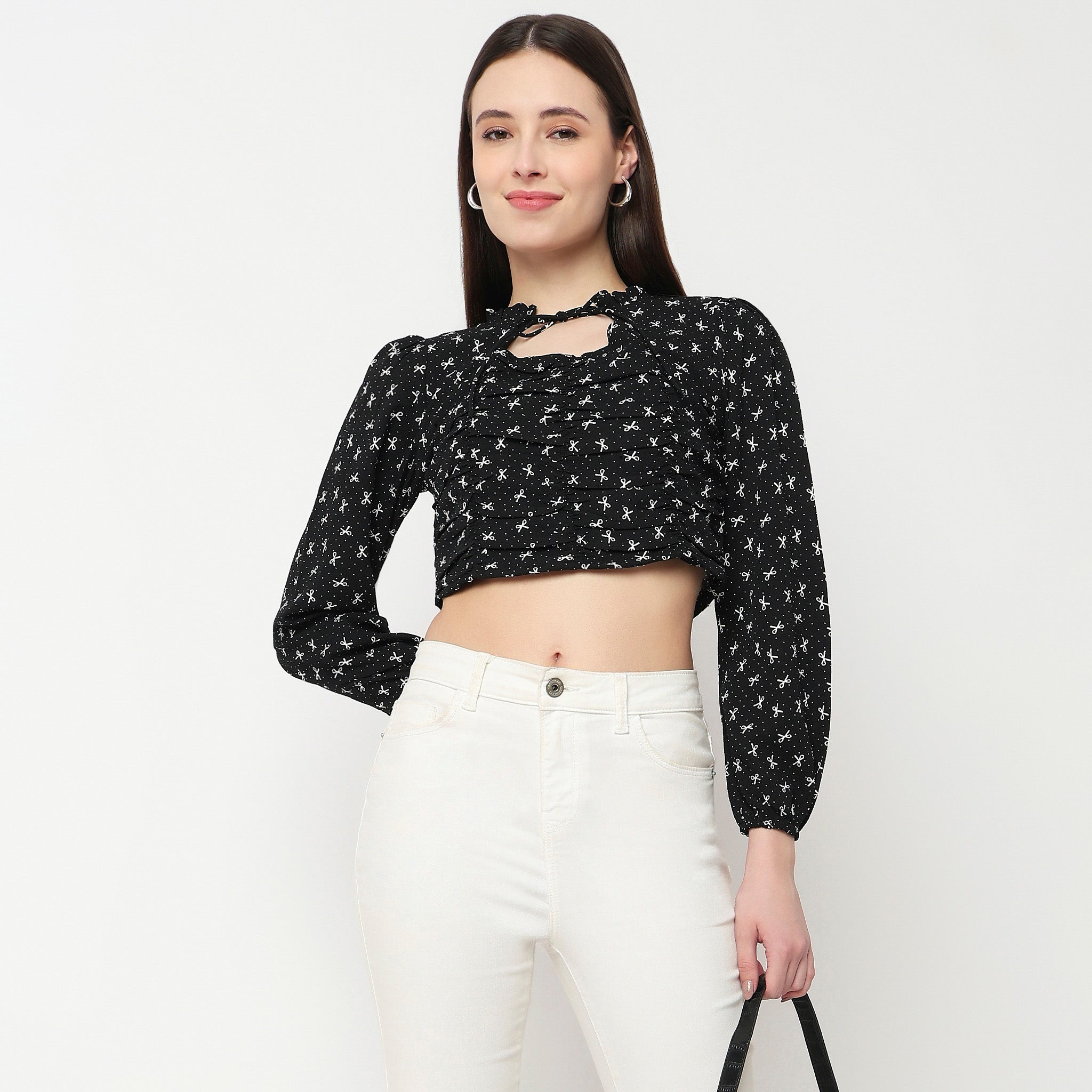 Bow Print Tie-Up Neck Crop Top