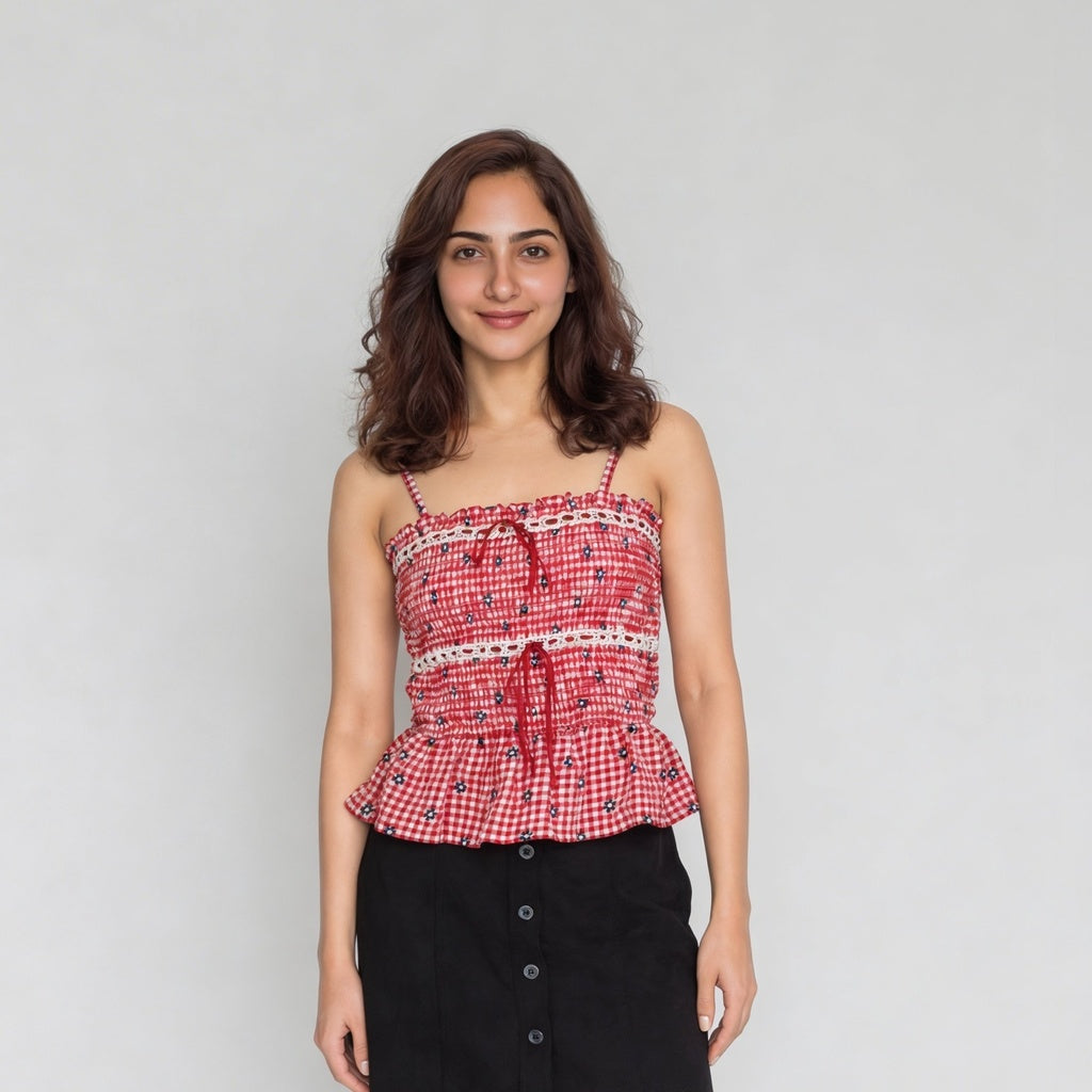 Check Fitted Top Buy Now - Checkered Slim Fit Top With Satin Lace Detail -Style Union