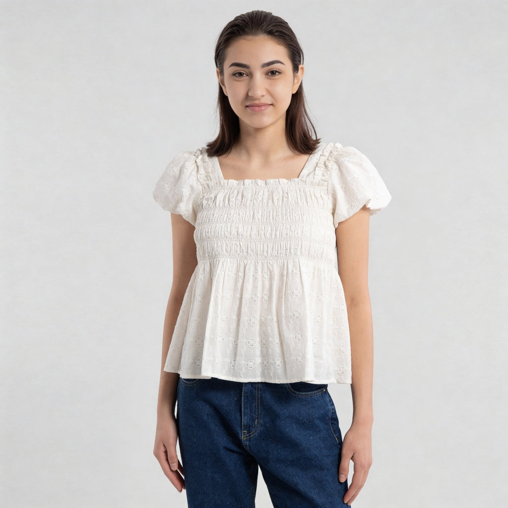 Cotton Printed Smocking Top With 3D Flowers Embelilshment