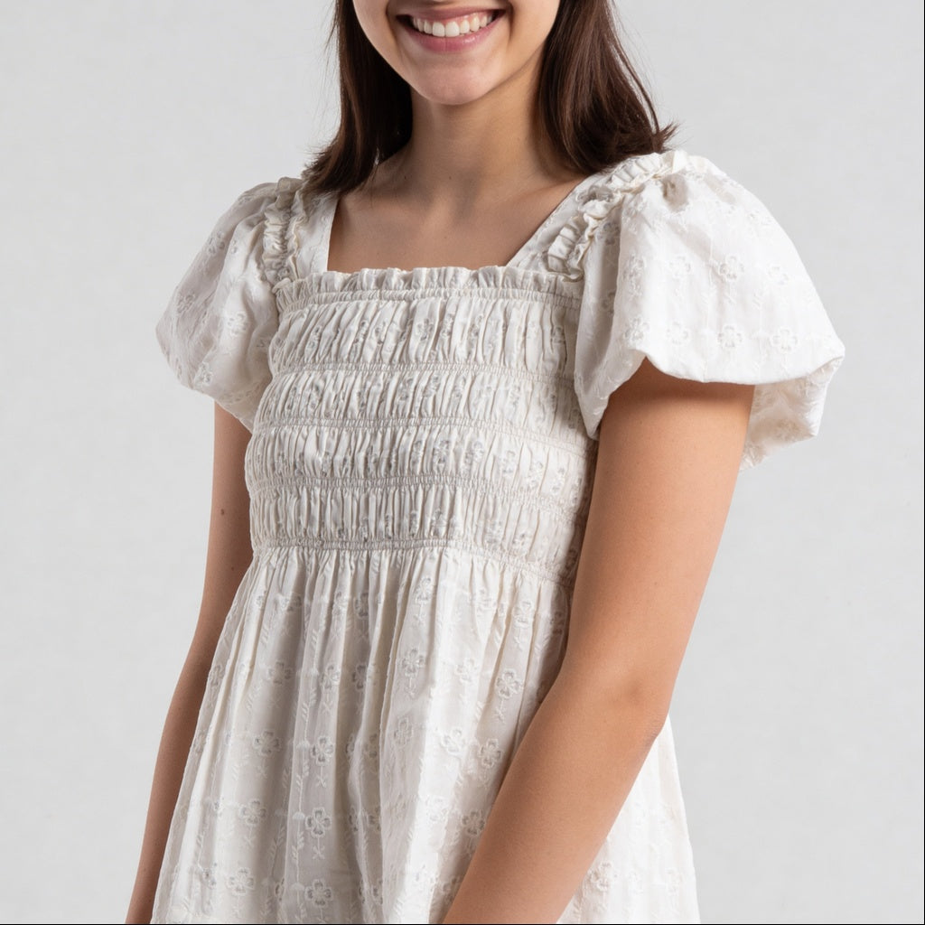 Cotton Printed Smocking Top With 3D Flowers Embelilshment