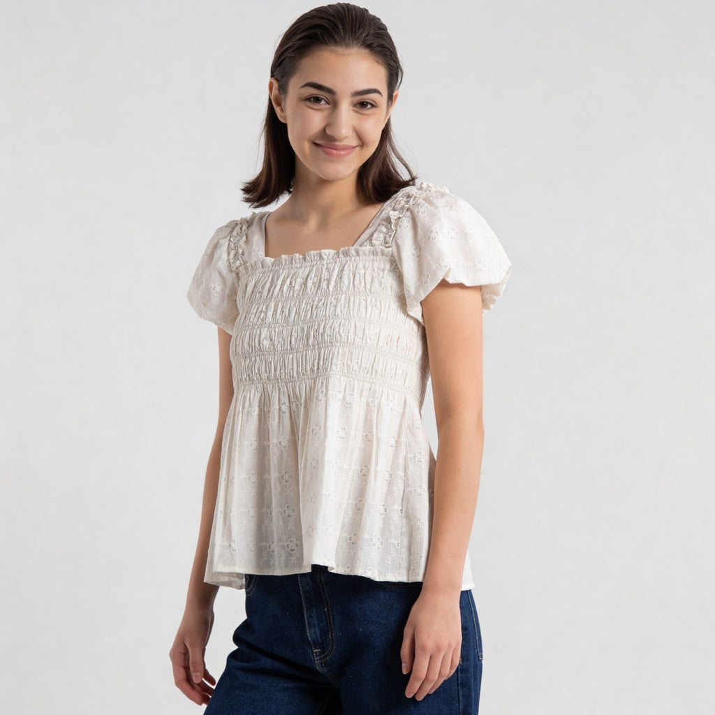 Cotton Printed Smocking Top With 3D Flowers Embelilshment