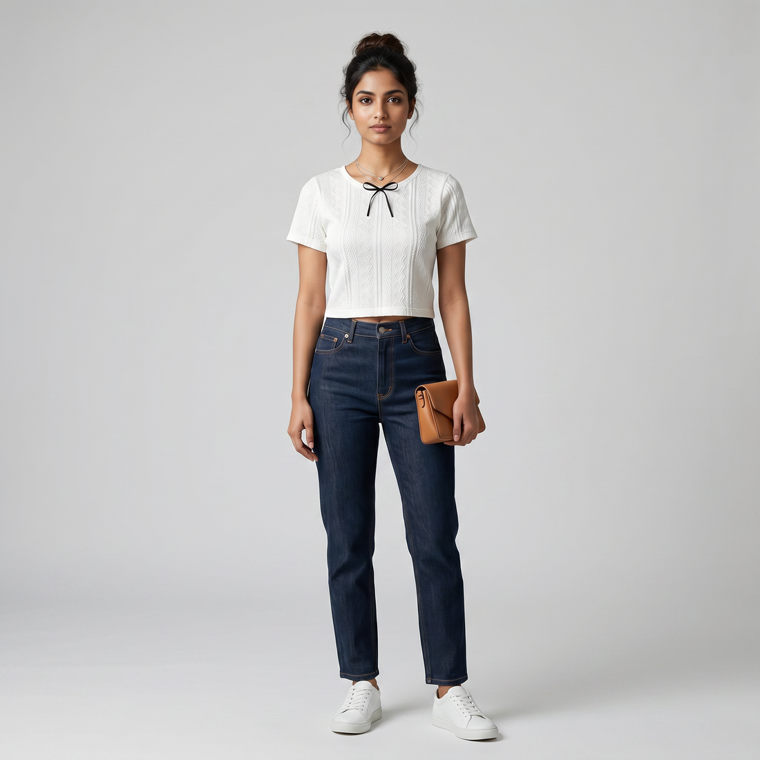 Slim Fit Structured Knit Top With Bow Detail