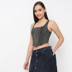 Versatile Print Denim Crop Top