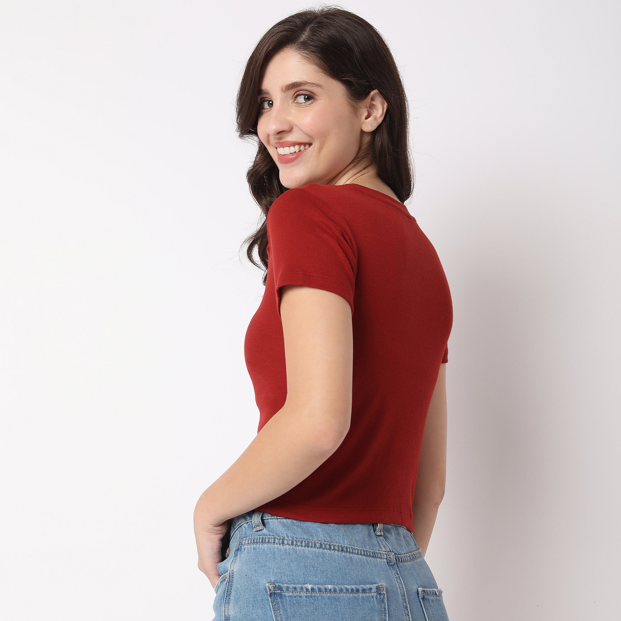 Women Wearing Slim Fit Solid T-Shirt