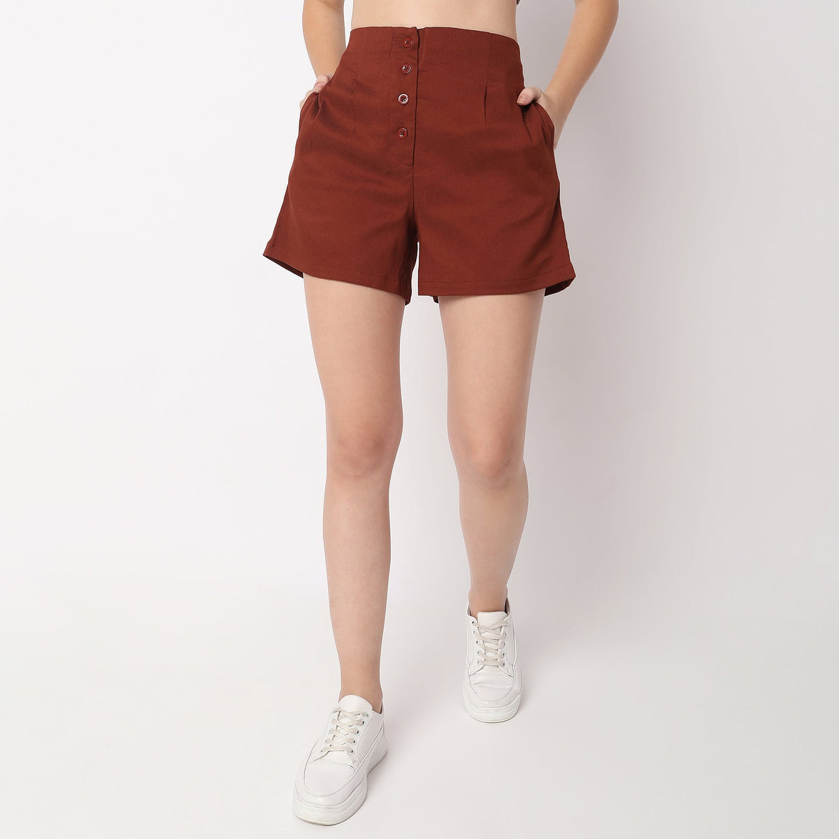 Women Wearing Regular Fit Solid High Rise Short