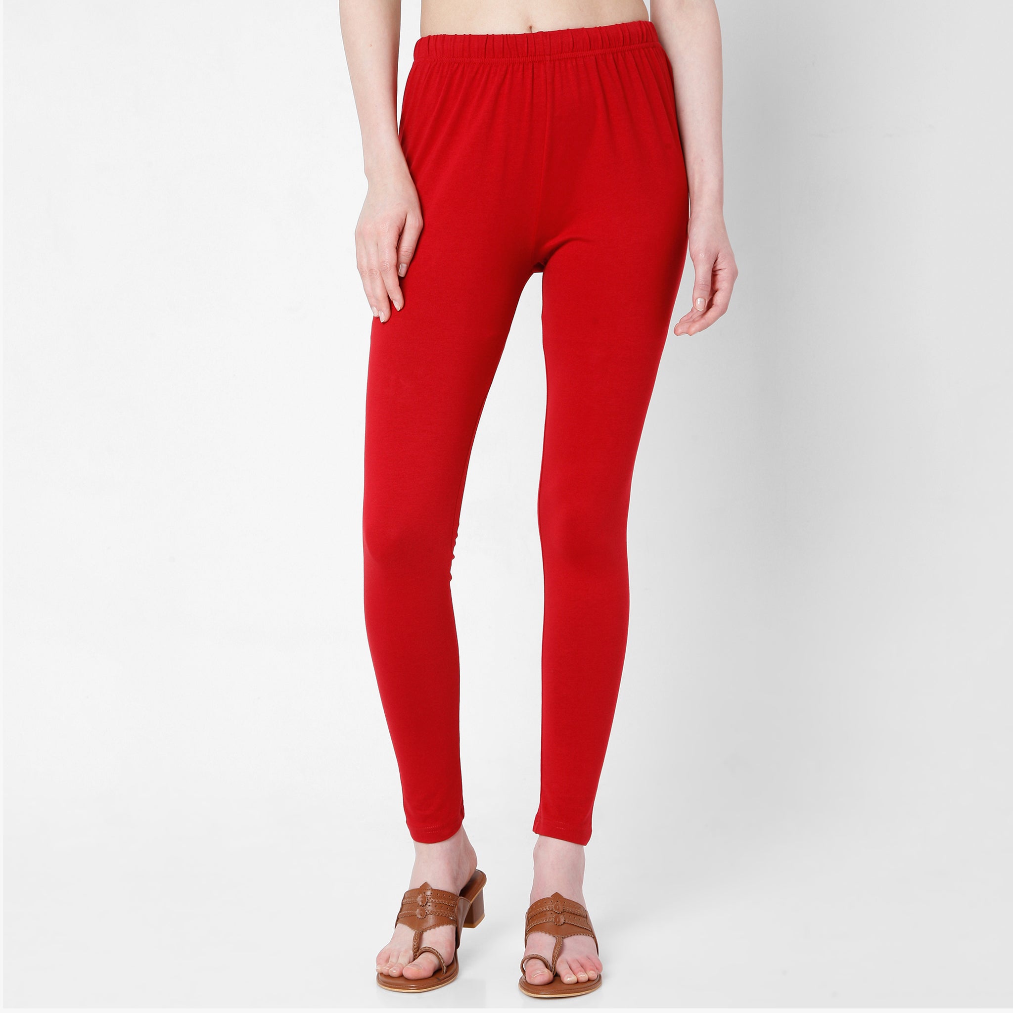 Red Mid Waist Ladies Churidar Leggings, Casual Wear, Straight Fit