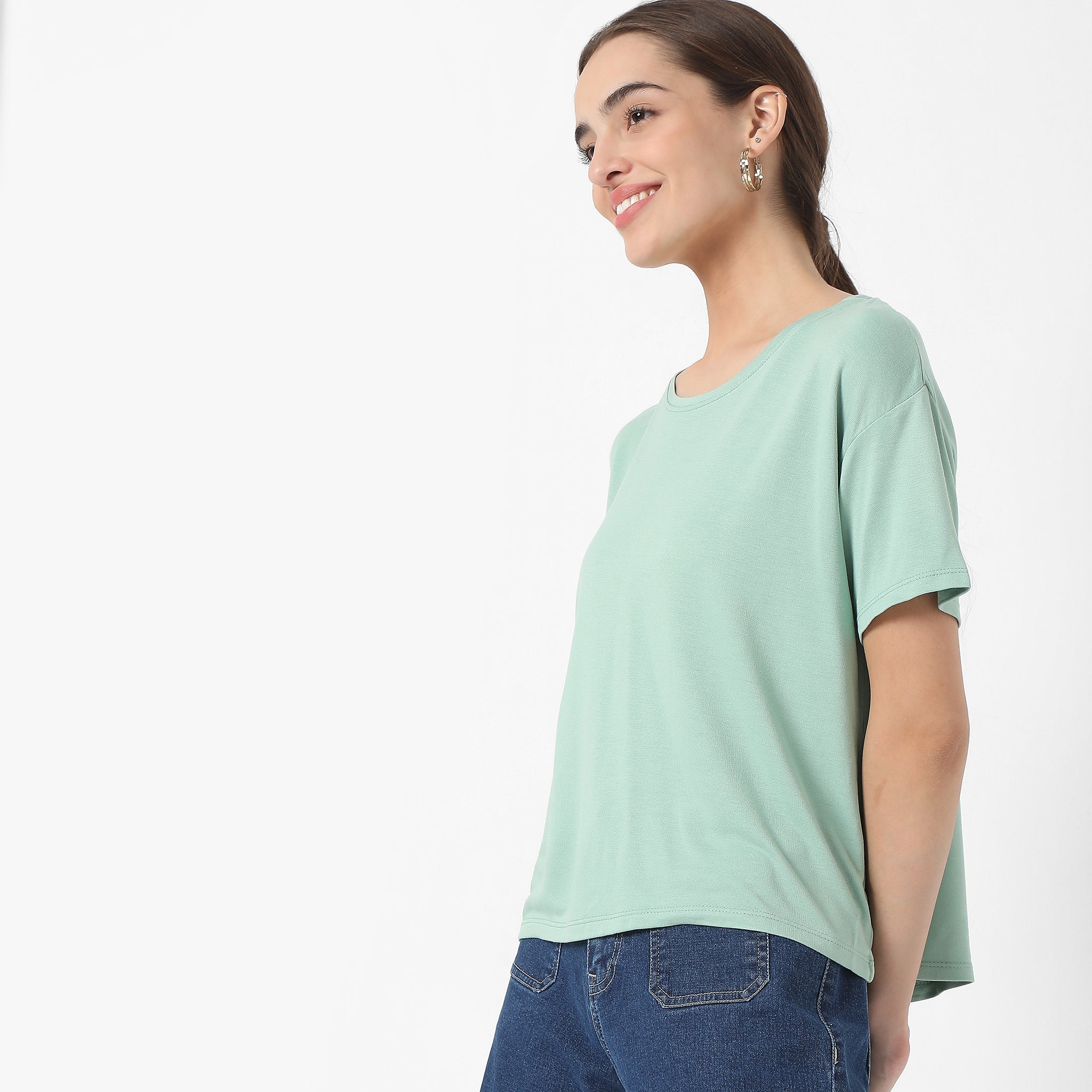 Women Wearing Regular Fit Solid T-Shirt