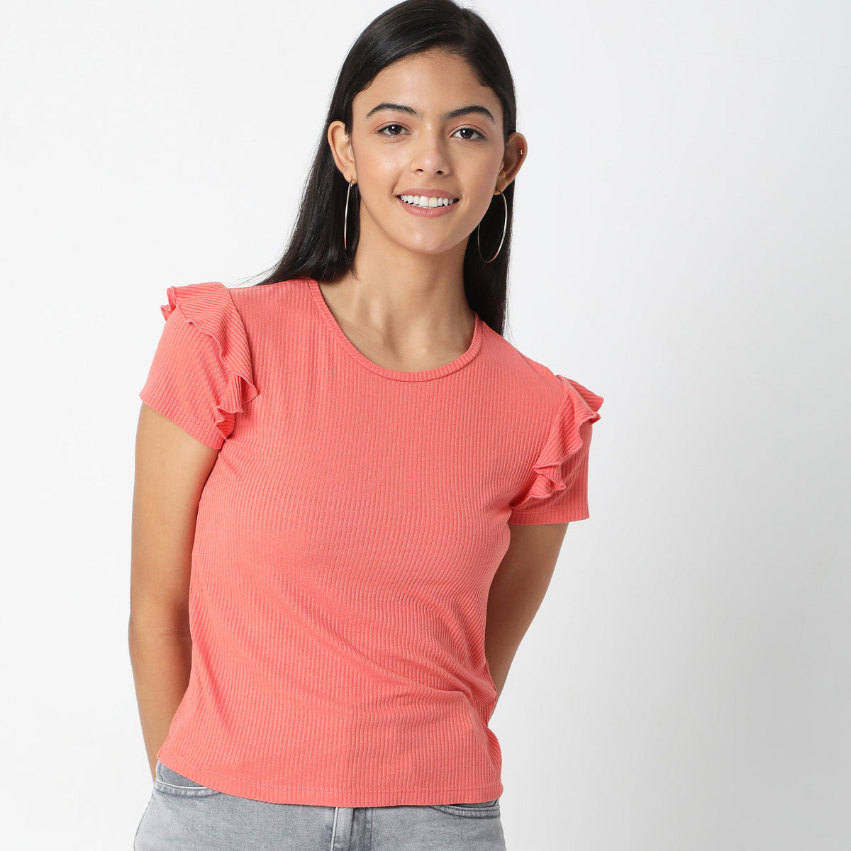 Women Wearing Regular Fit Solid T-Shirt