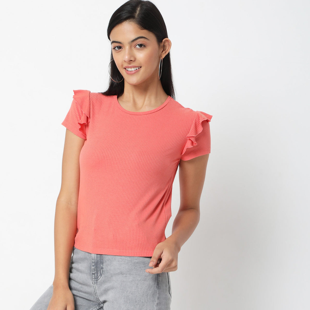 Women Wearing Regular Fit Solid T-Shirt