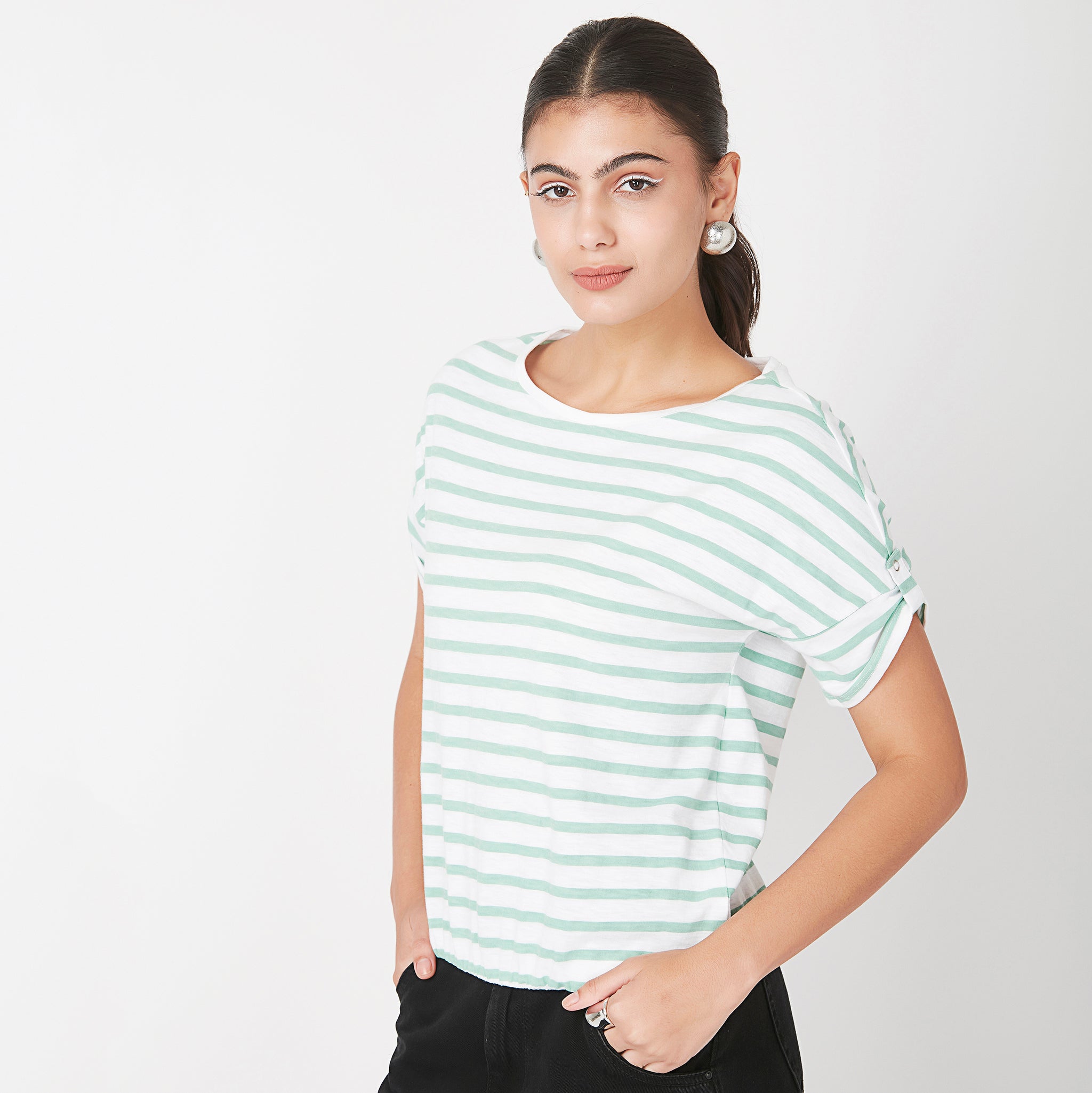 Women Wearing Regular Fit Striped T-Shirt