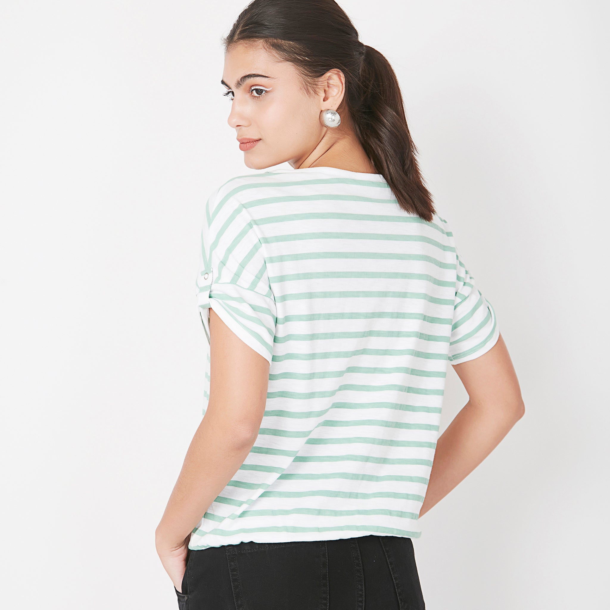 Women Wearing Regular Fit Striped T-Shirt