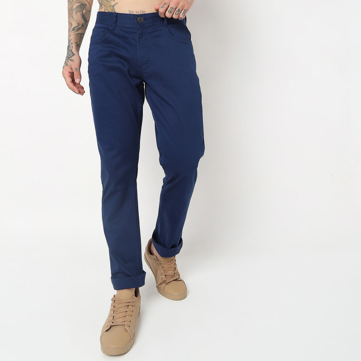 Regular Fit Solid Mid Rise Trousers