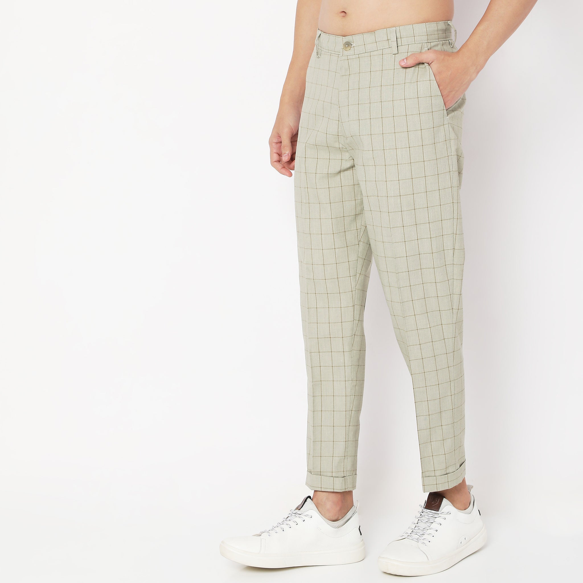 Regular Fit Checkered Mid Rise Trousers