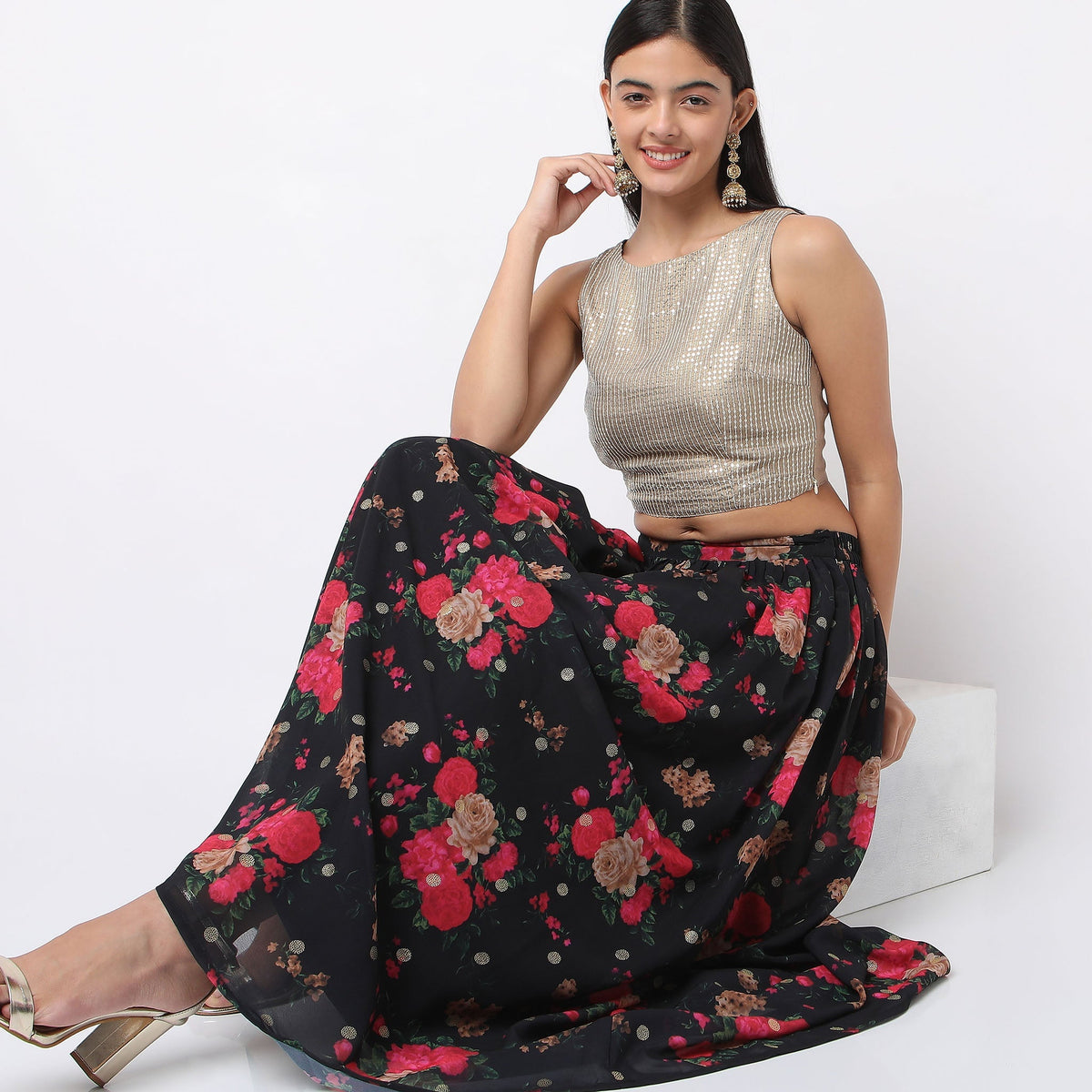 Flare Fit Floral Mid Rise Skirts