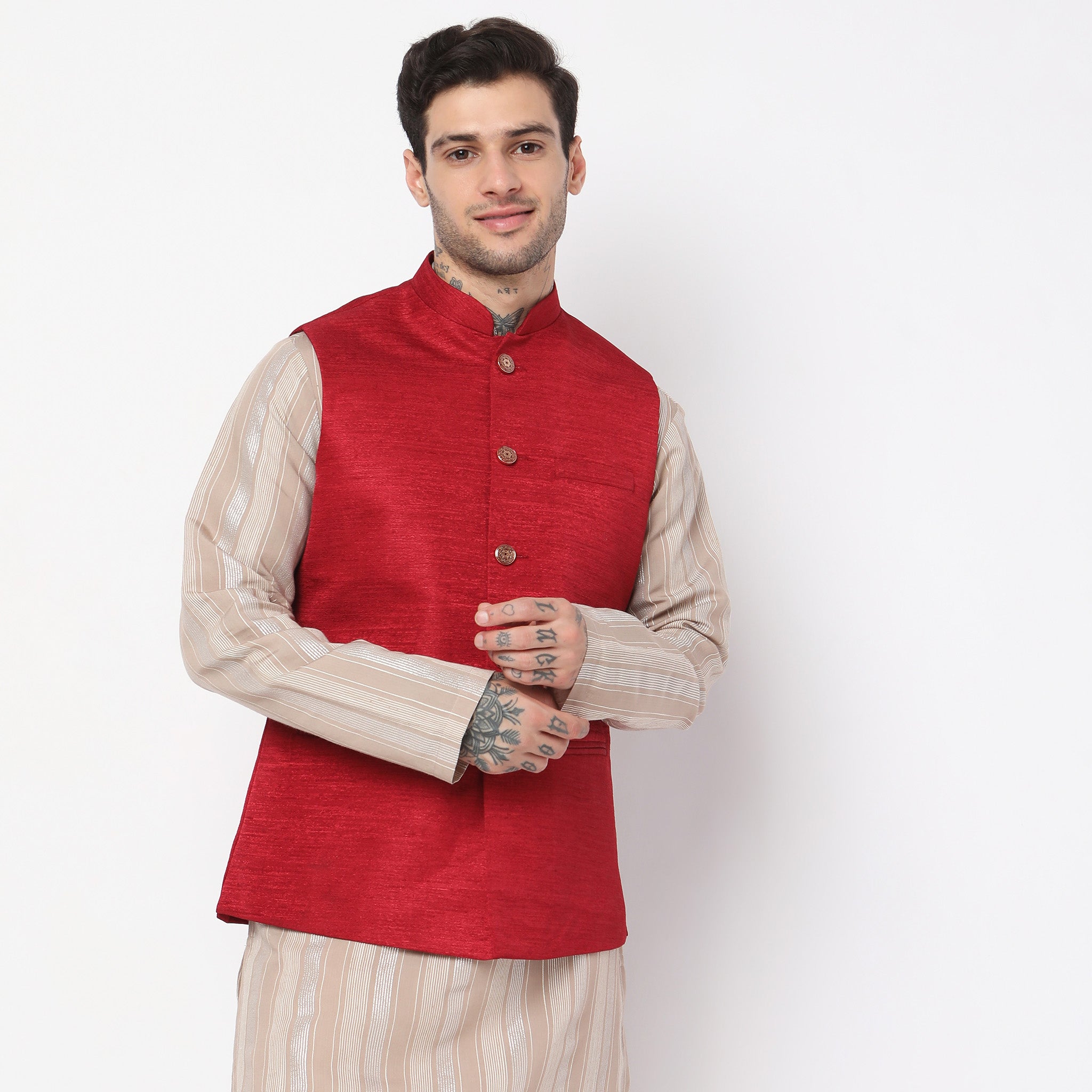 Buy Red 3-Piece Ethnic Suit for Men by SOJANYA Online | Ajio.com