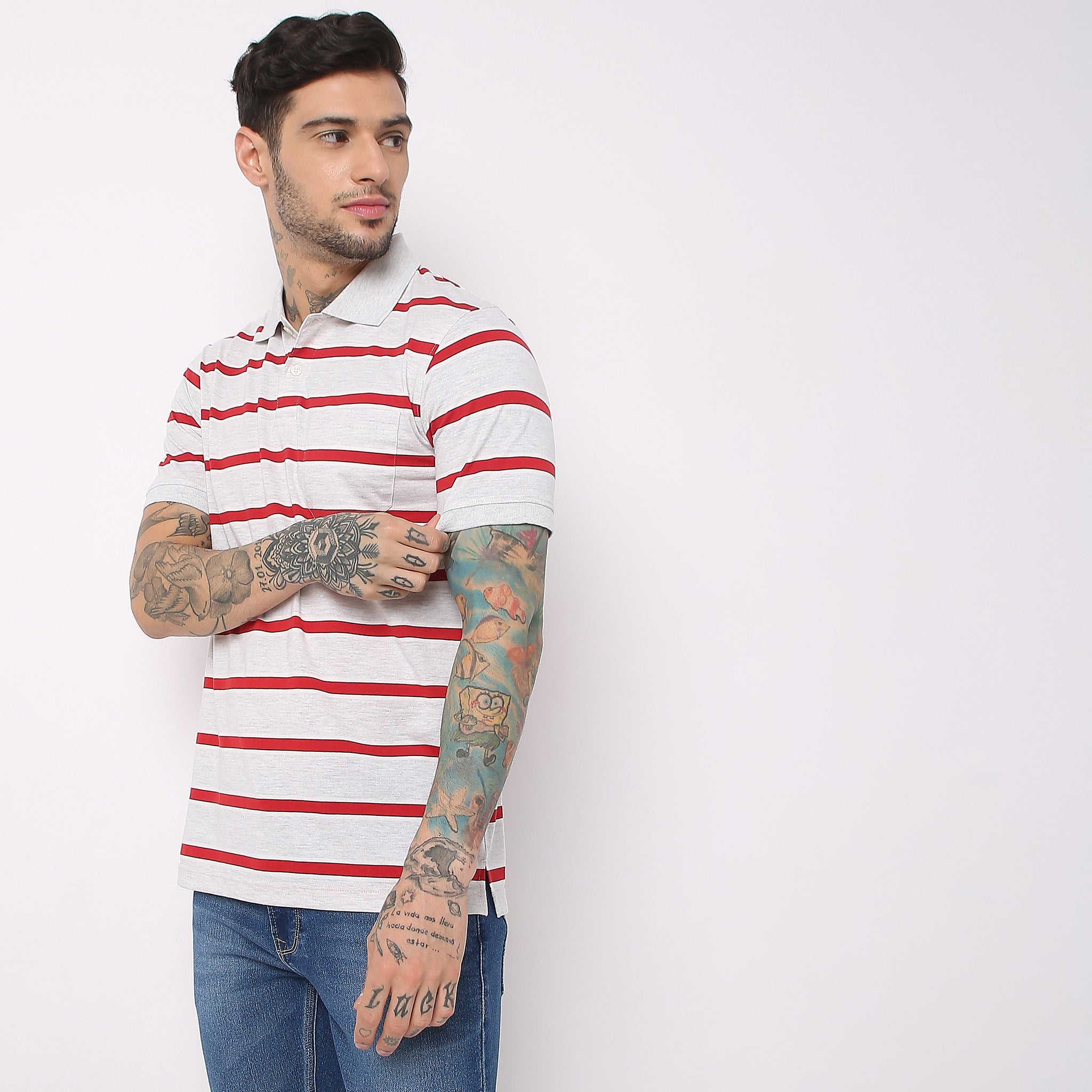 Men Wearing Regular Fit Striped Polo T-Shirt