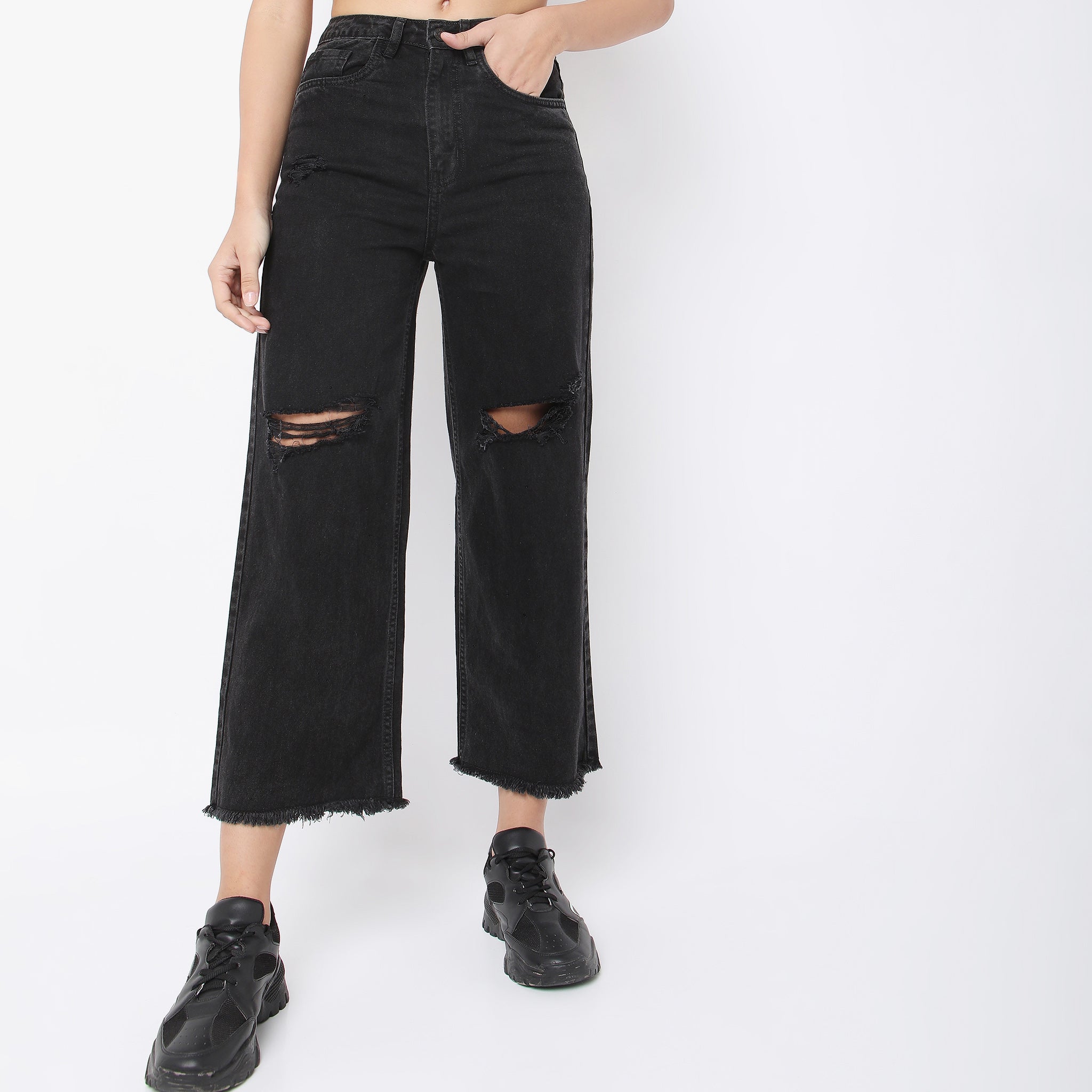 Flare Fit Solid High Rise Jeans