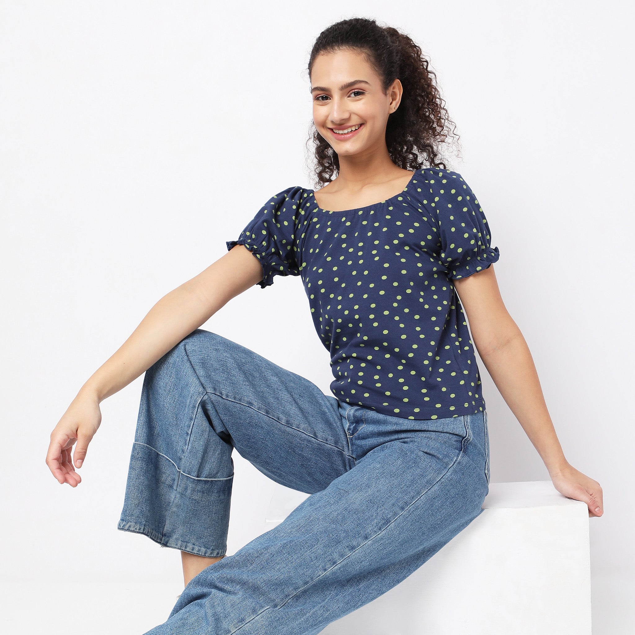Women Wearing Regular Fit Polka Dot Top