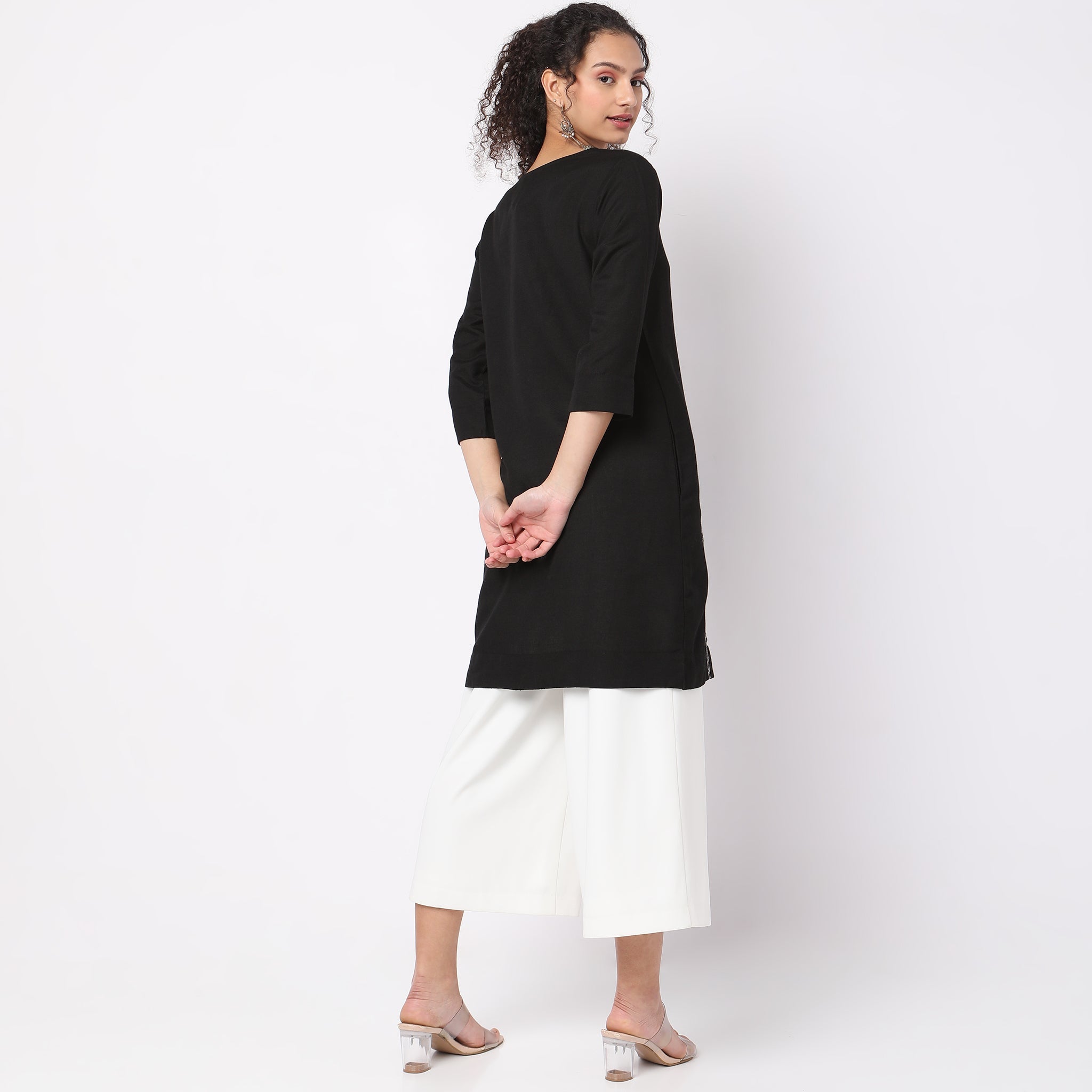 Women Wearing Flare Fit Embroidered Tunic