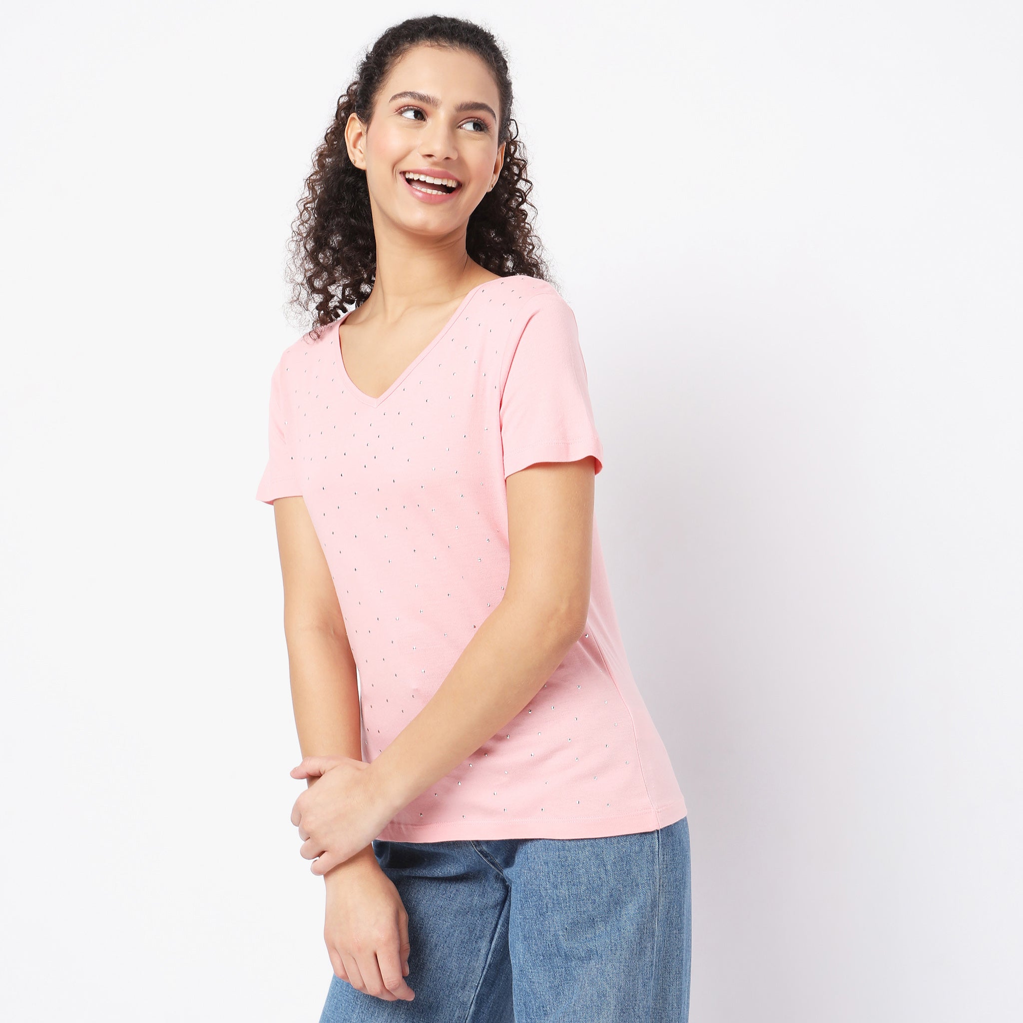 Women Wearing Regular Fit Embellished T-Shirt
