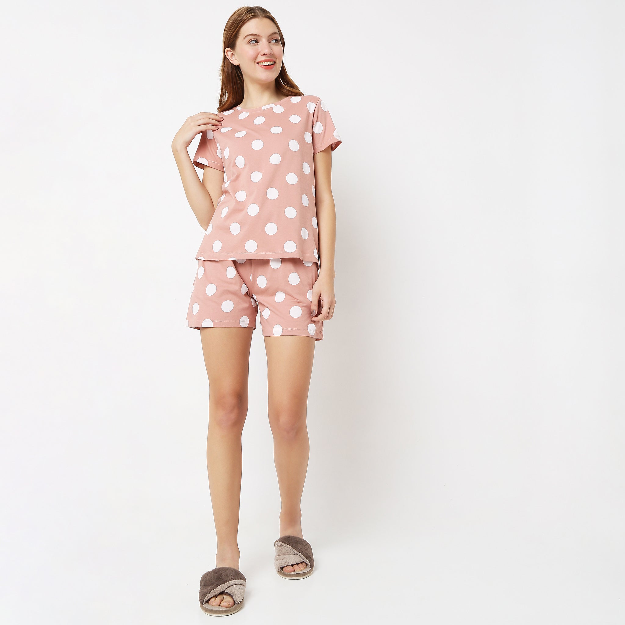 Women Wearing Regular Fit Polka Dot Sleepwear Set
