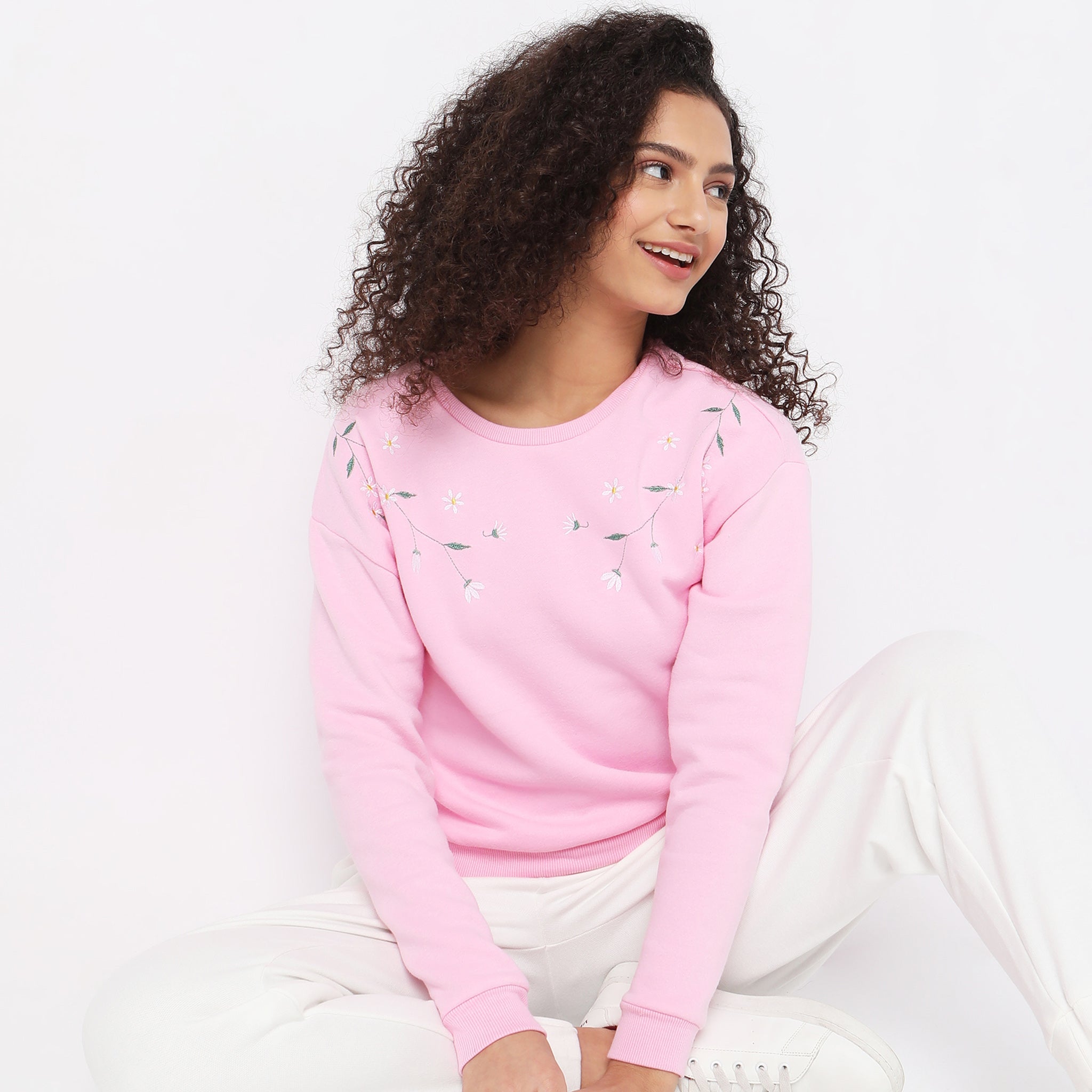 Women Wearing Relaxed Fit Embroidered Sweatshirt
