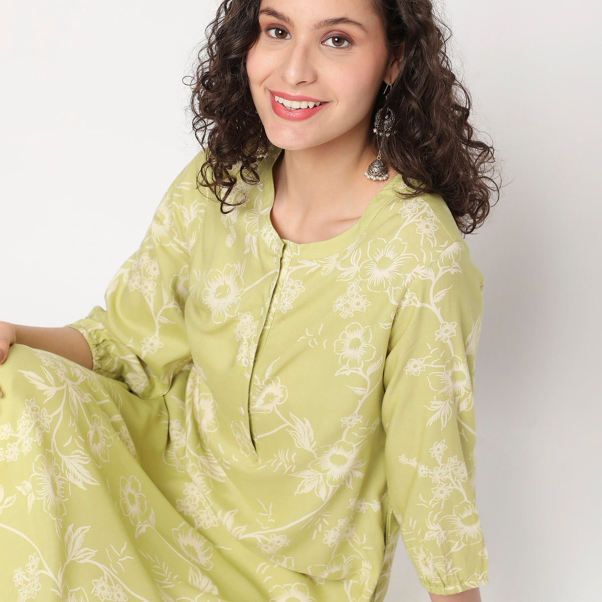 Women Wearing Flare Fit Floral Kurta