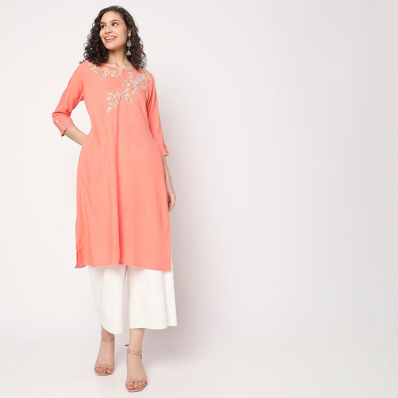 Women Wearing Flare Fit Embroidered Kurta