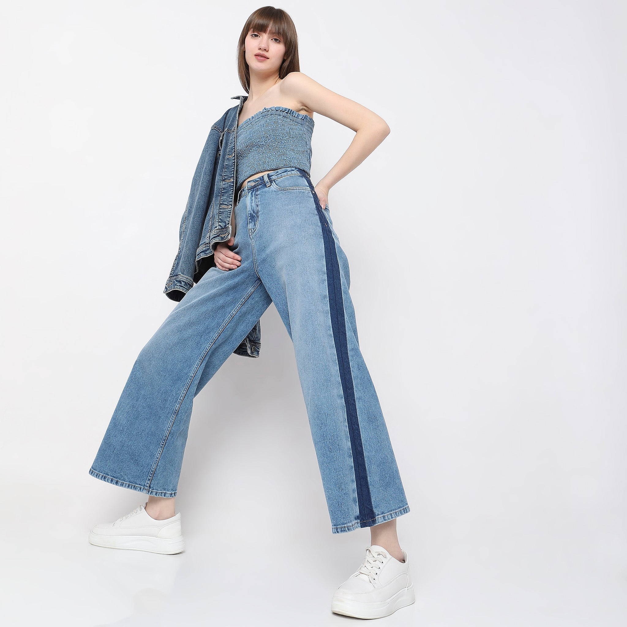 Women Wearing Flare Fit Solid High Rise Jean