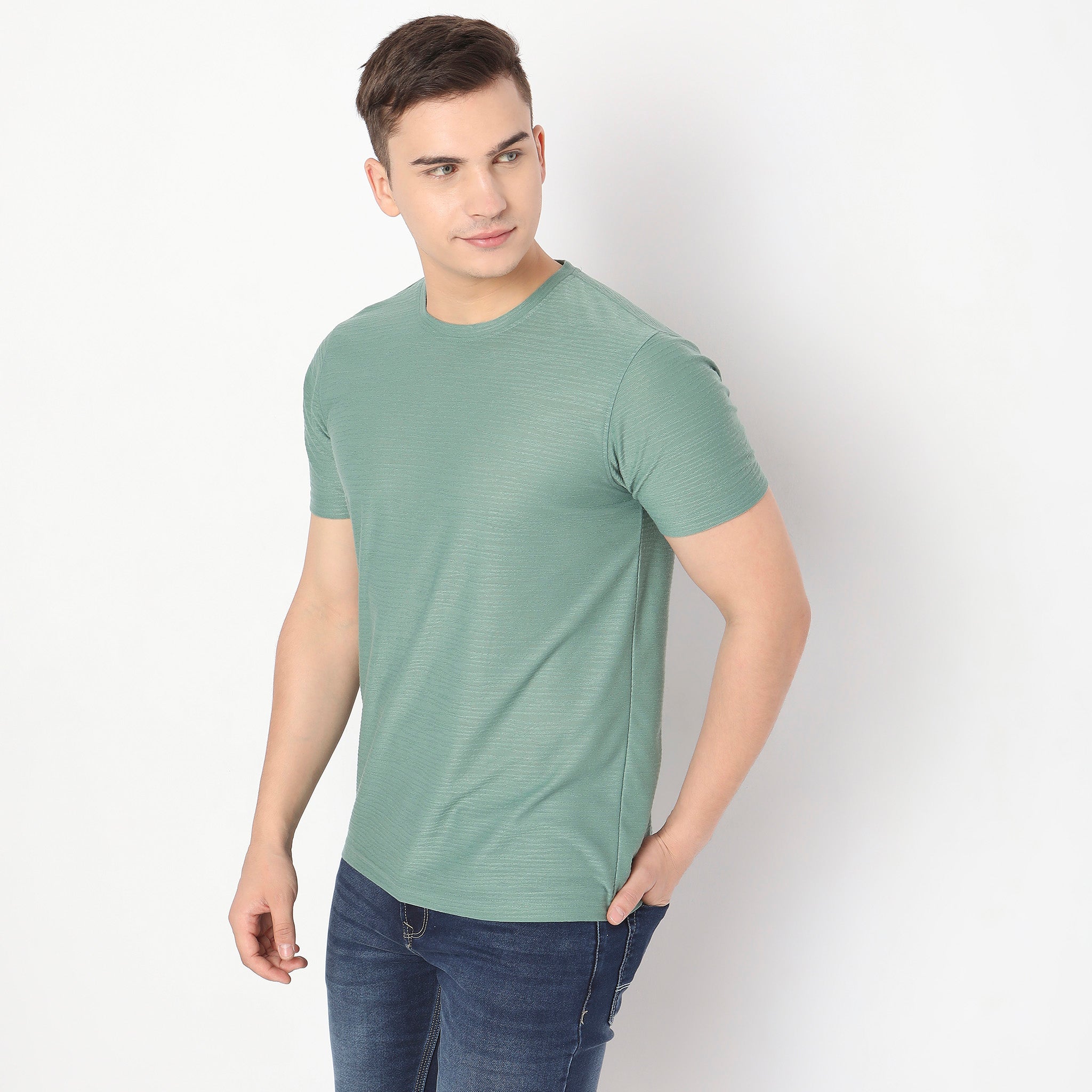 Men Wearing Regular Fit Textured T-Shirt