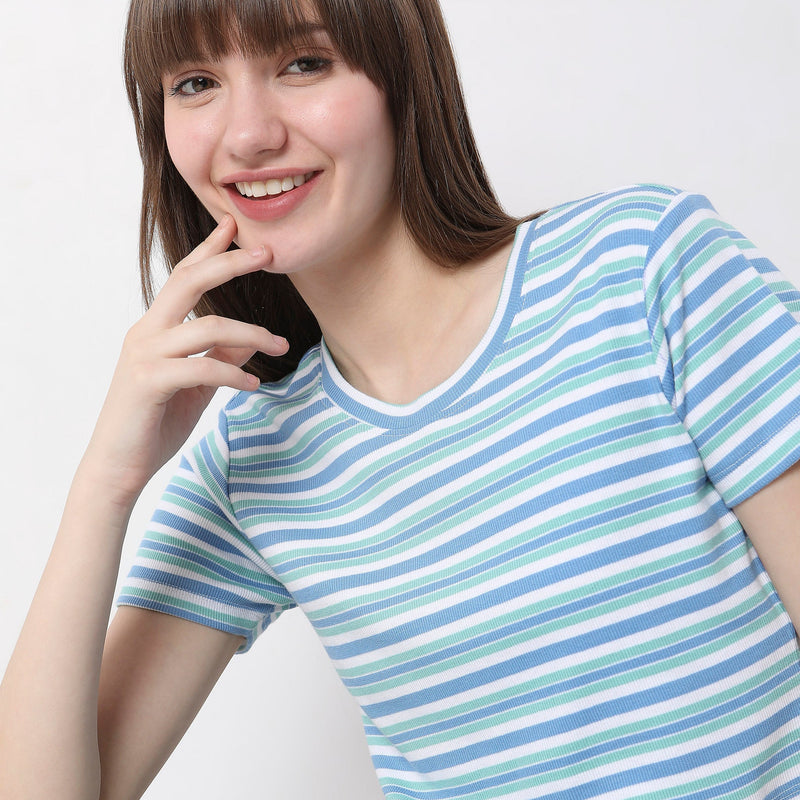 Women Wearing Slim Fit Striped T-Shirt