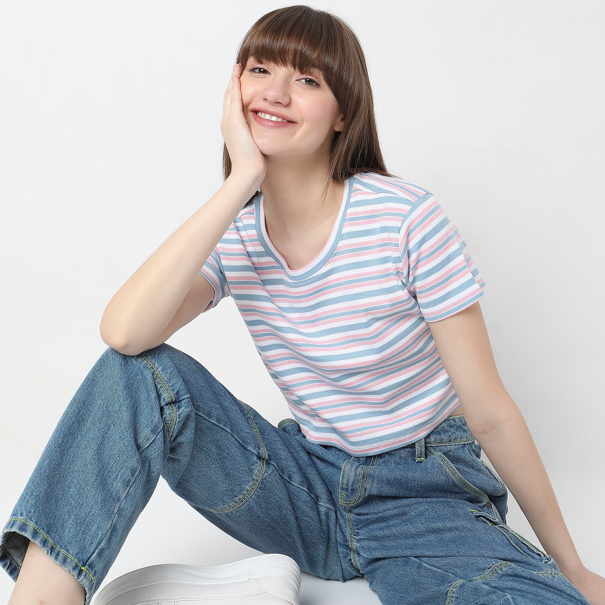 Women Wearing Slim Fit Striped T-Shirt