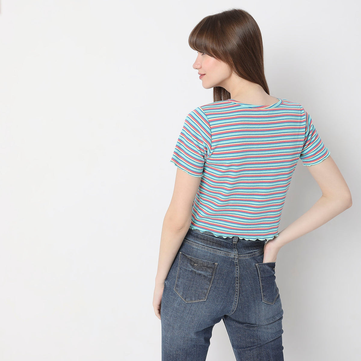 Women Wearing Slim Fit Striped T-Shirt