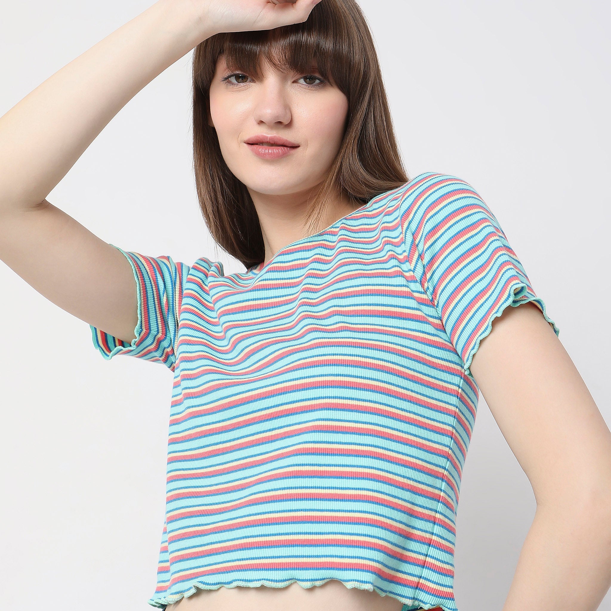Women Wearing Slim Fit Striped T-Shirt