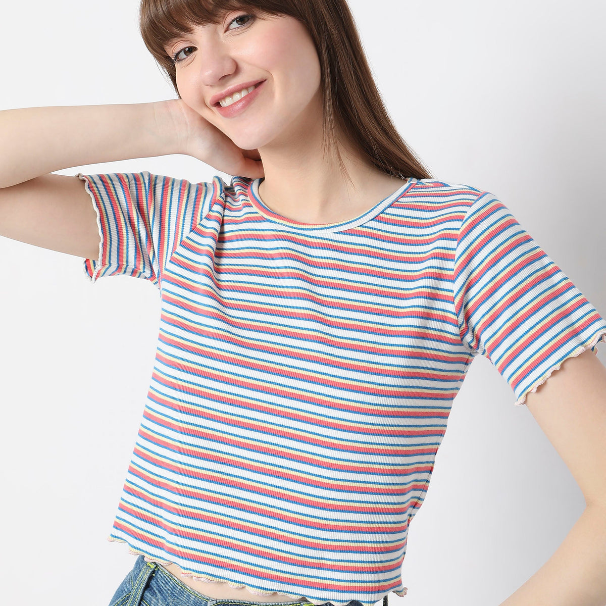 Women Wearing Slim Fit Striped T-Shirt