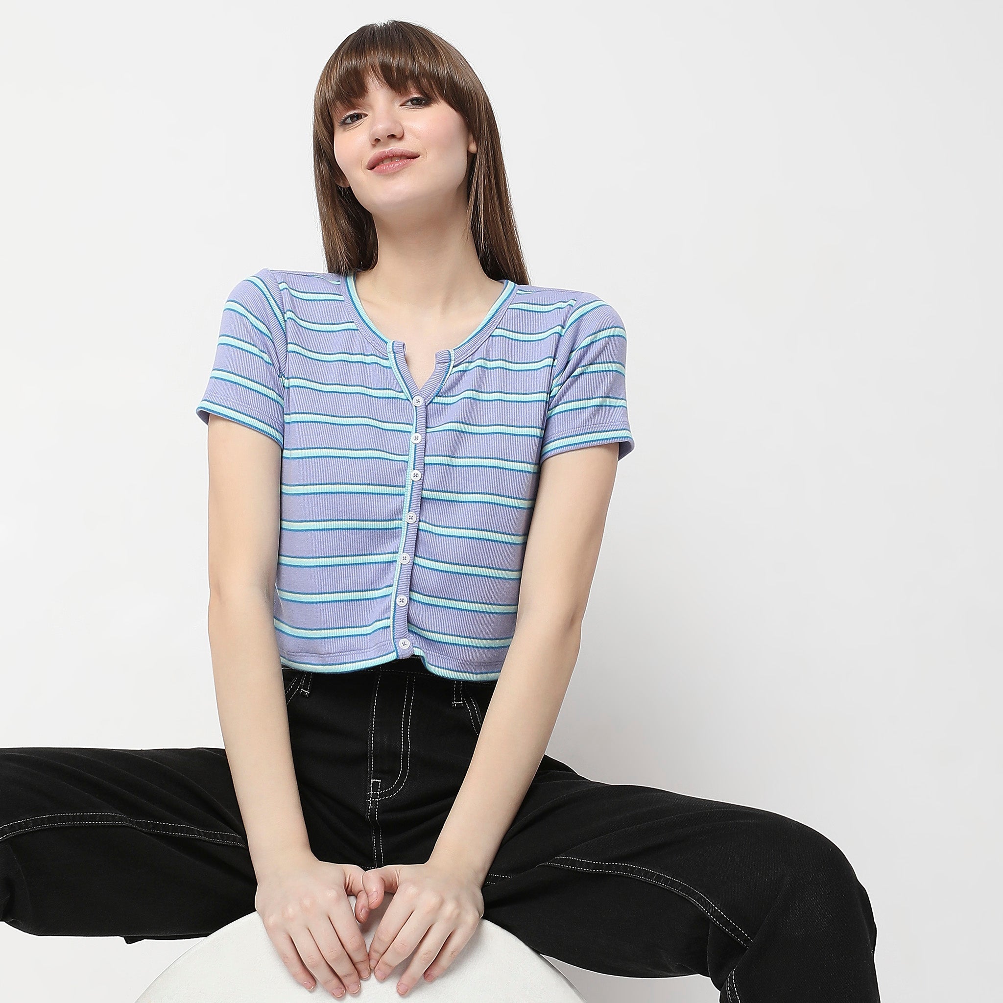 Women Wearing Slim Fit Striped T-Shirt