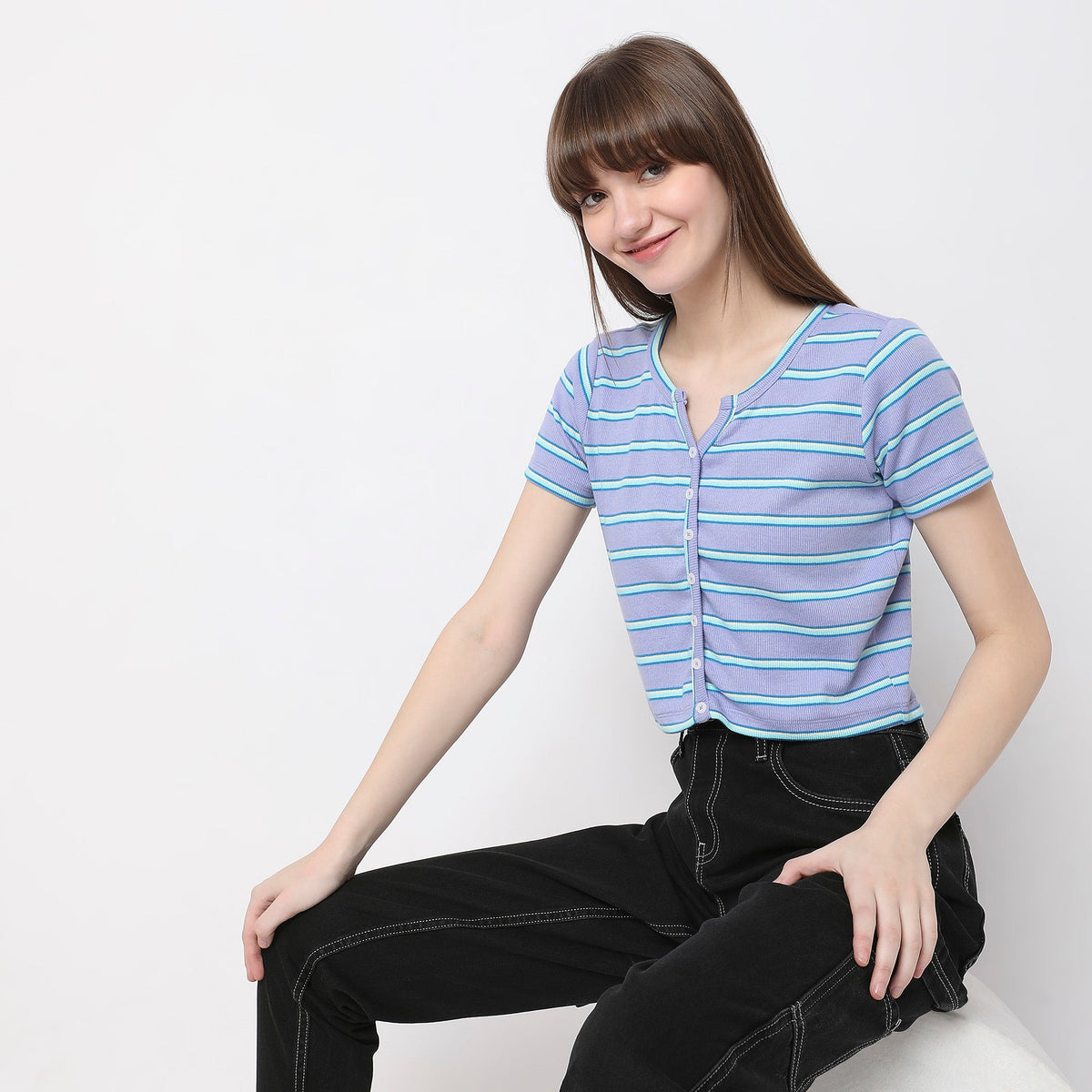 Women Wearing Slim Fit Striped T-Shirt