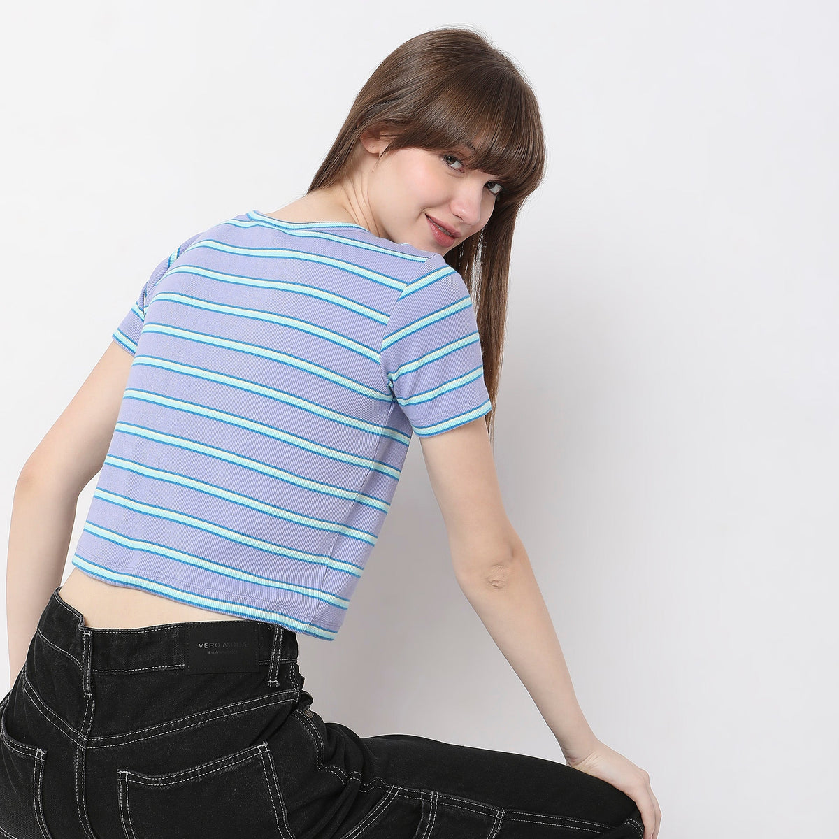 Women Wearing Slim Fit Striped T-Shirt