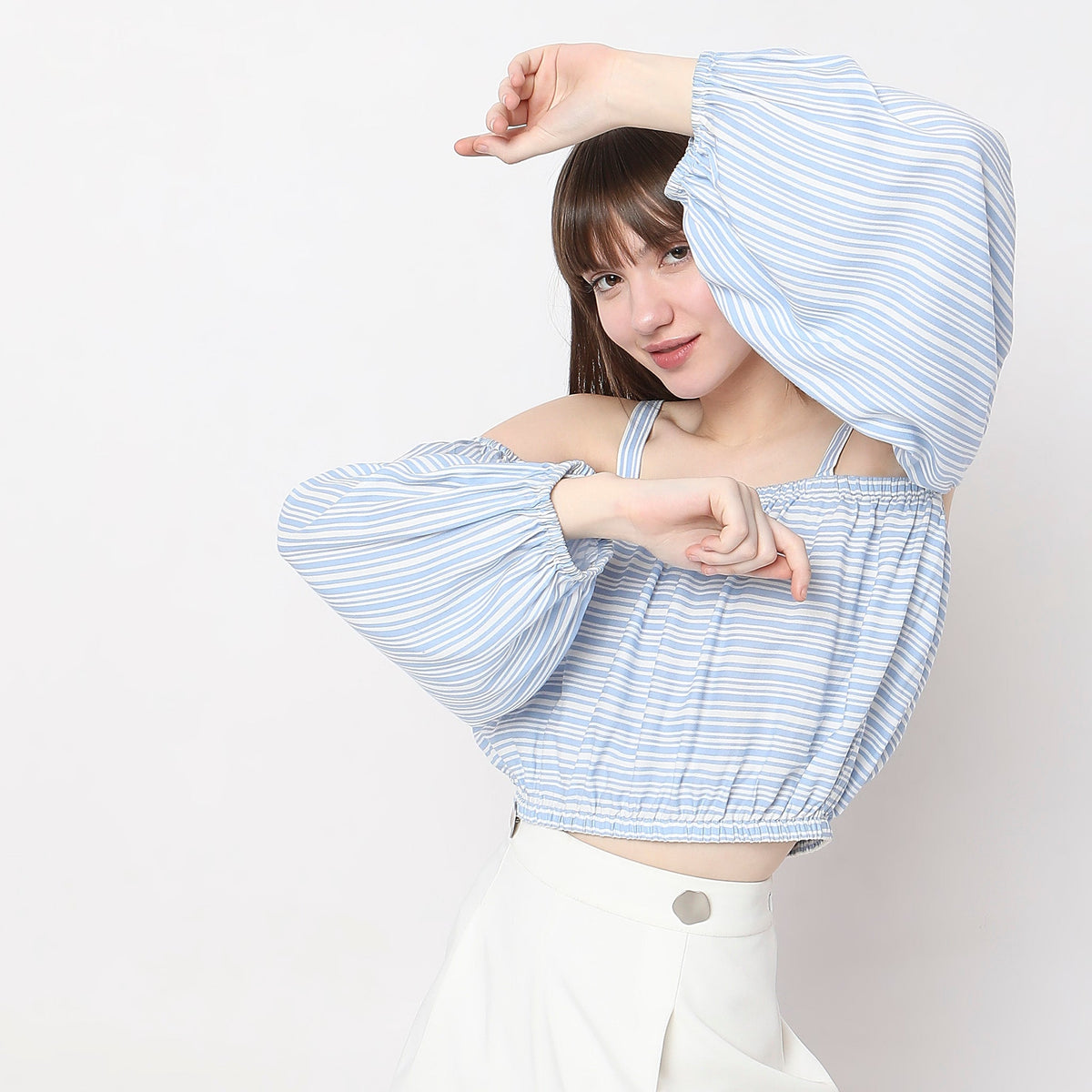 Women Wearing Flare Fit Striped Top