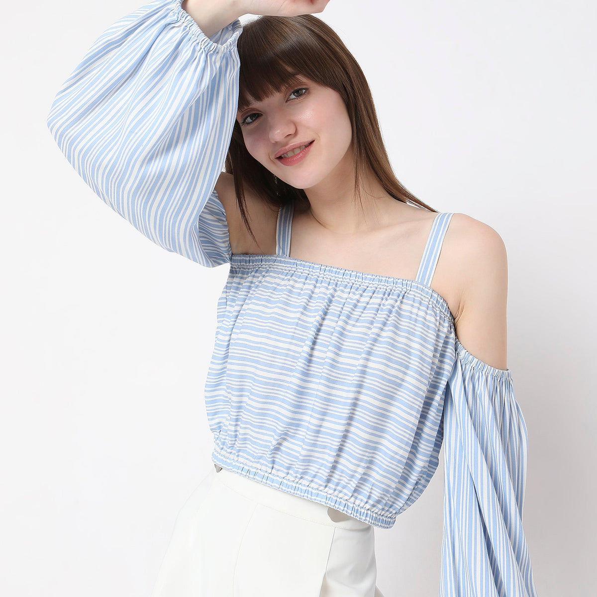 Women Wearing Flare Fit Striped Top