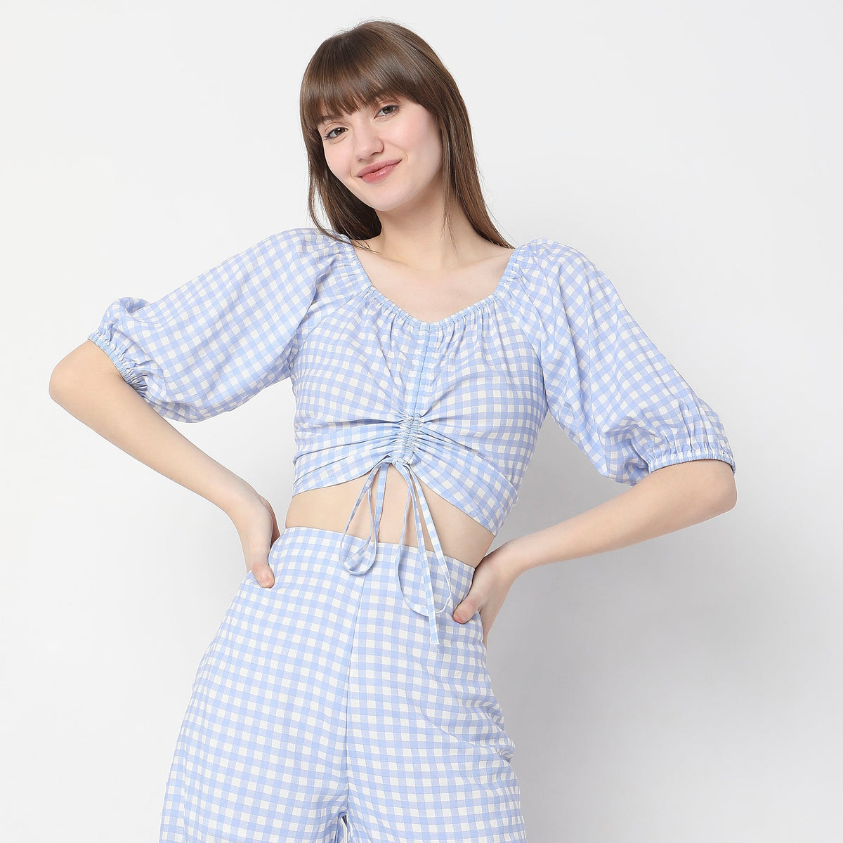 Women Wearing Slim Fit Checkered Top