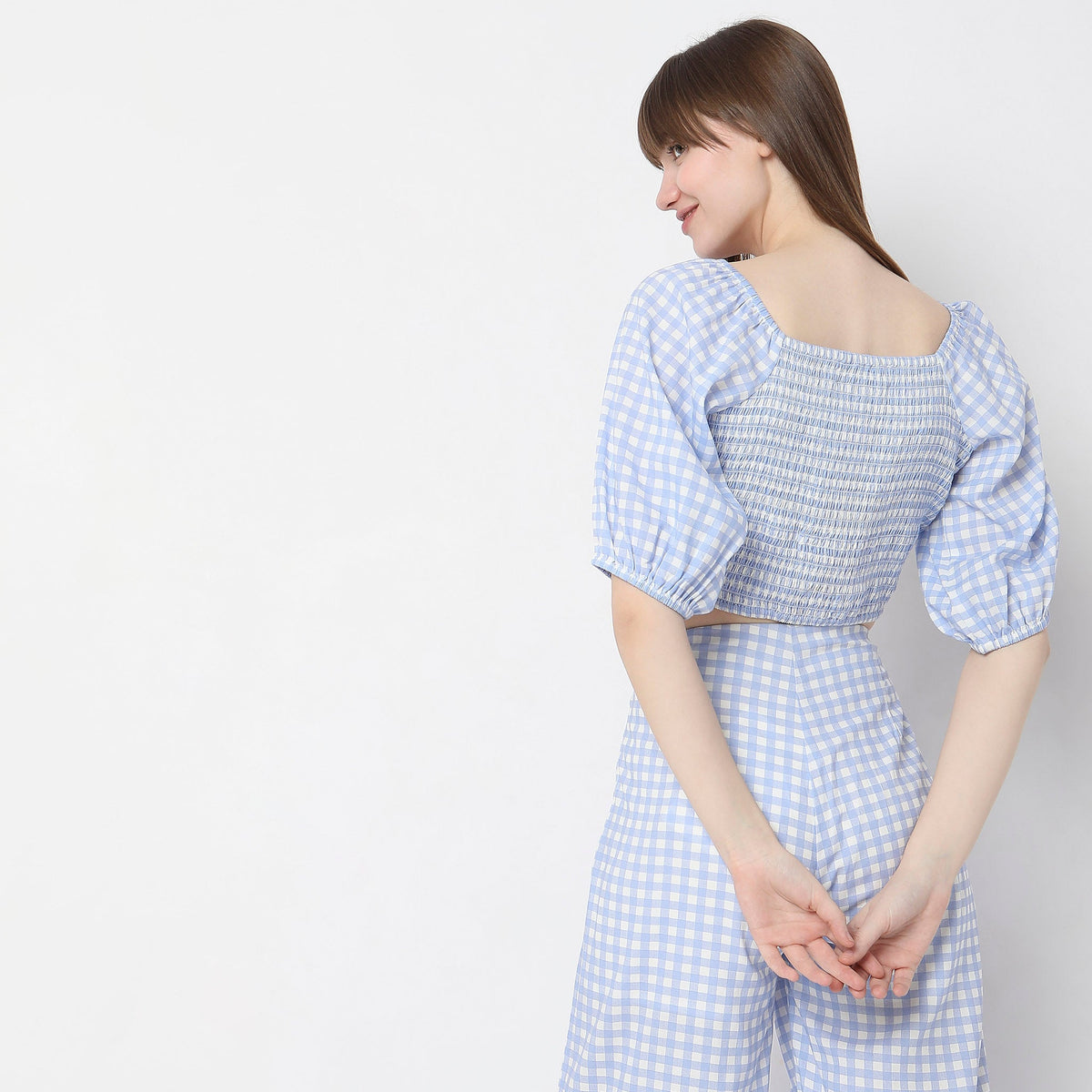 Women Wearing Slim Fit Checkered Top