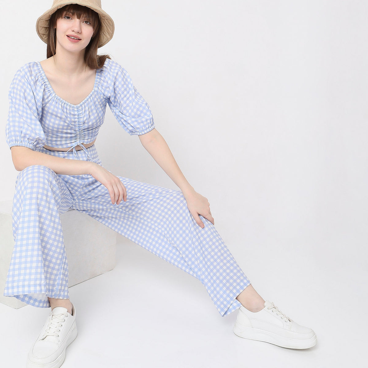 Women Wearing Slim Fit Checkered Top