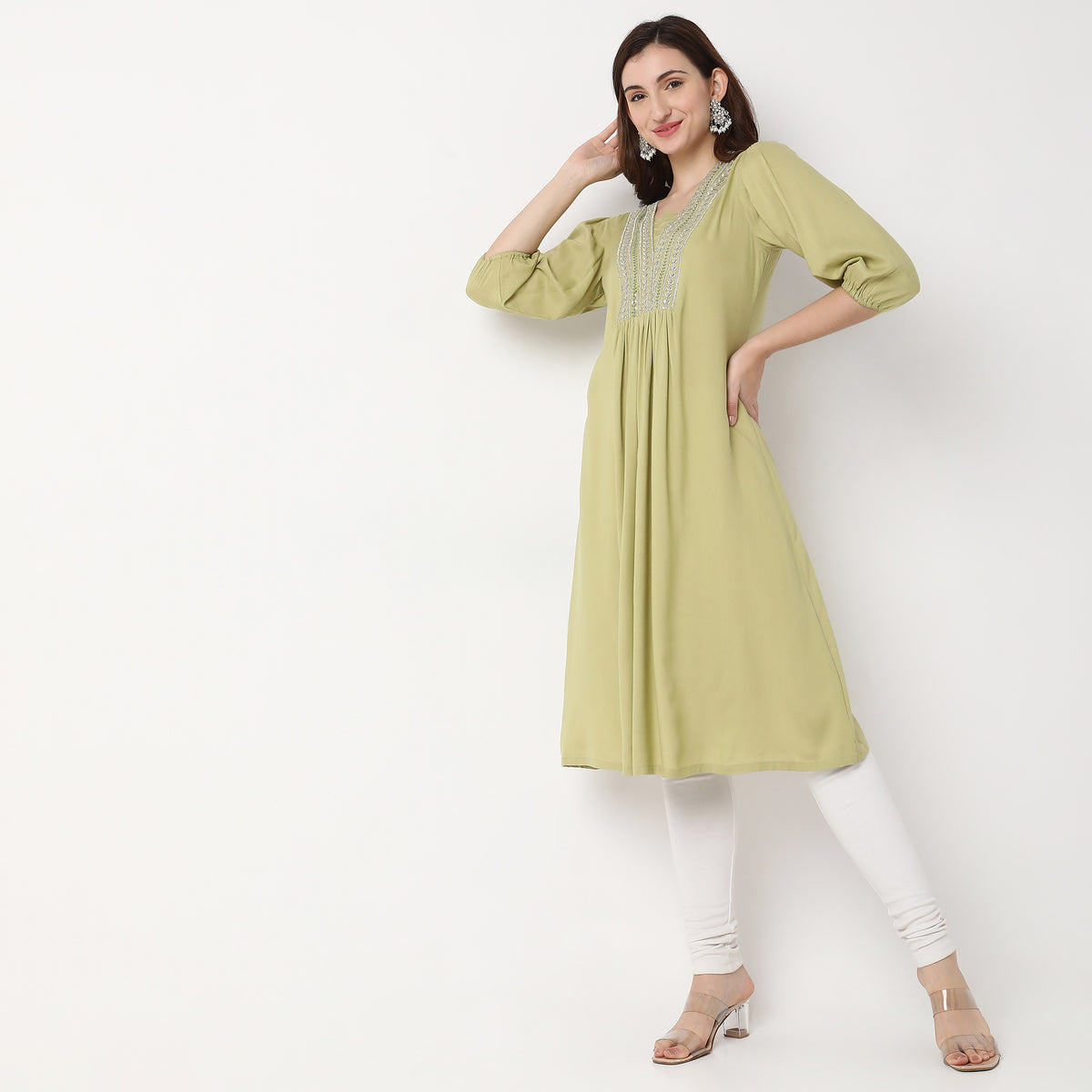 Women Wearing Flare Fit Embroidered Kurta