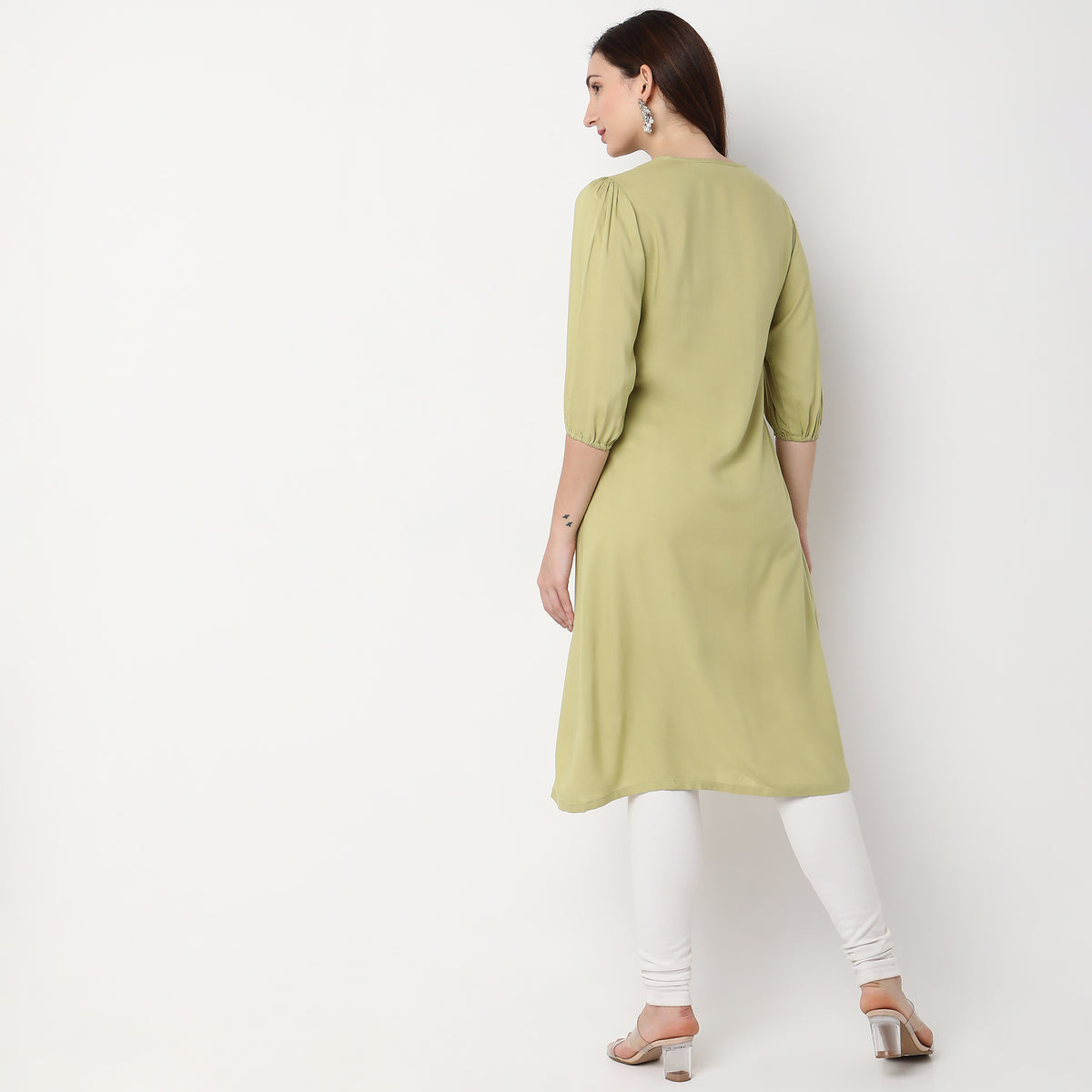 Women Wearing Flare Fit Embroidered Kurta