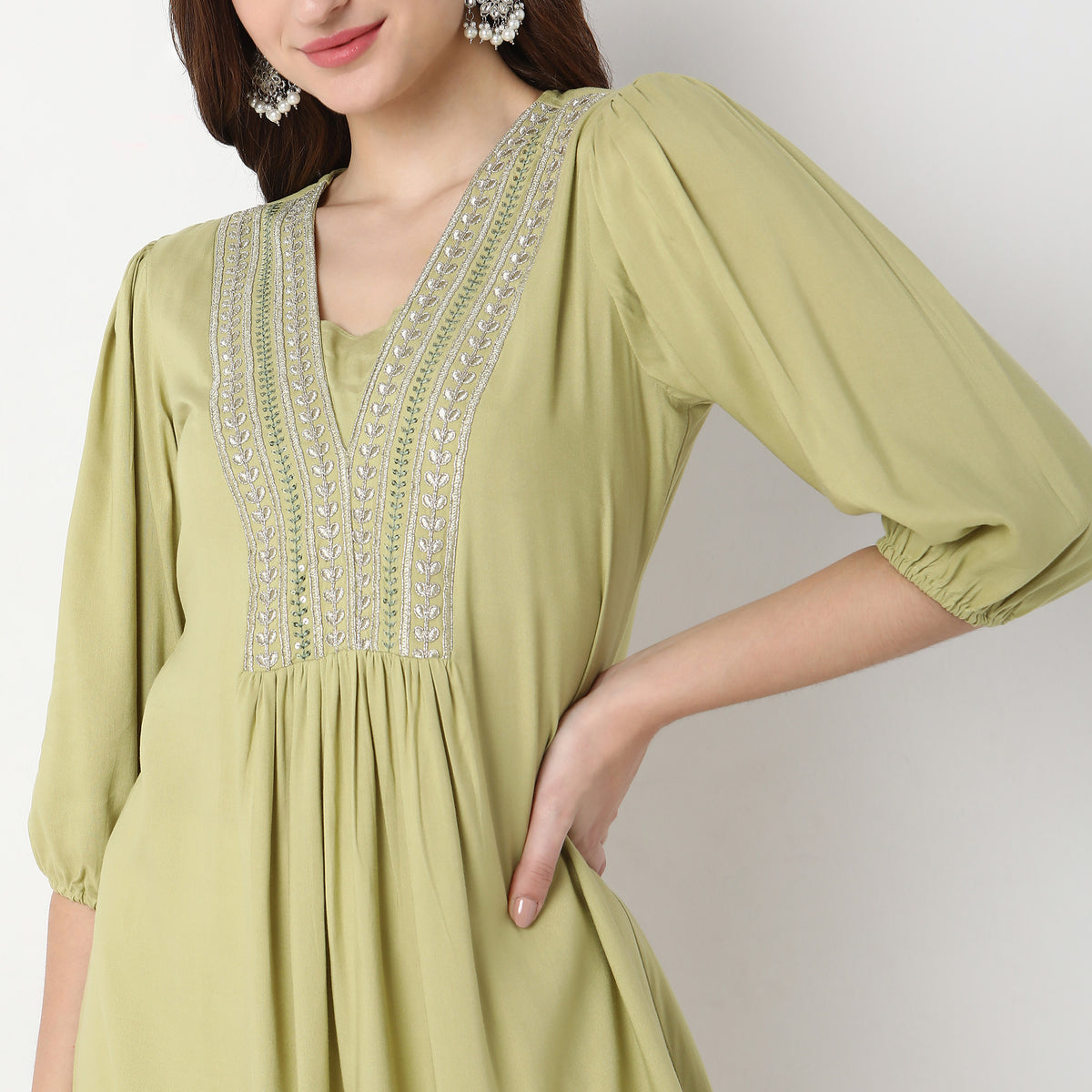 Women Wearing Flare Fit Embroidered Kurta