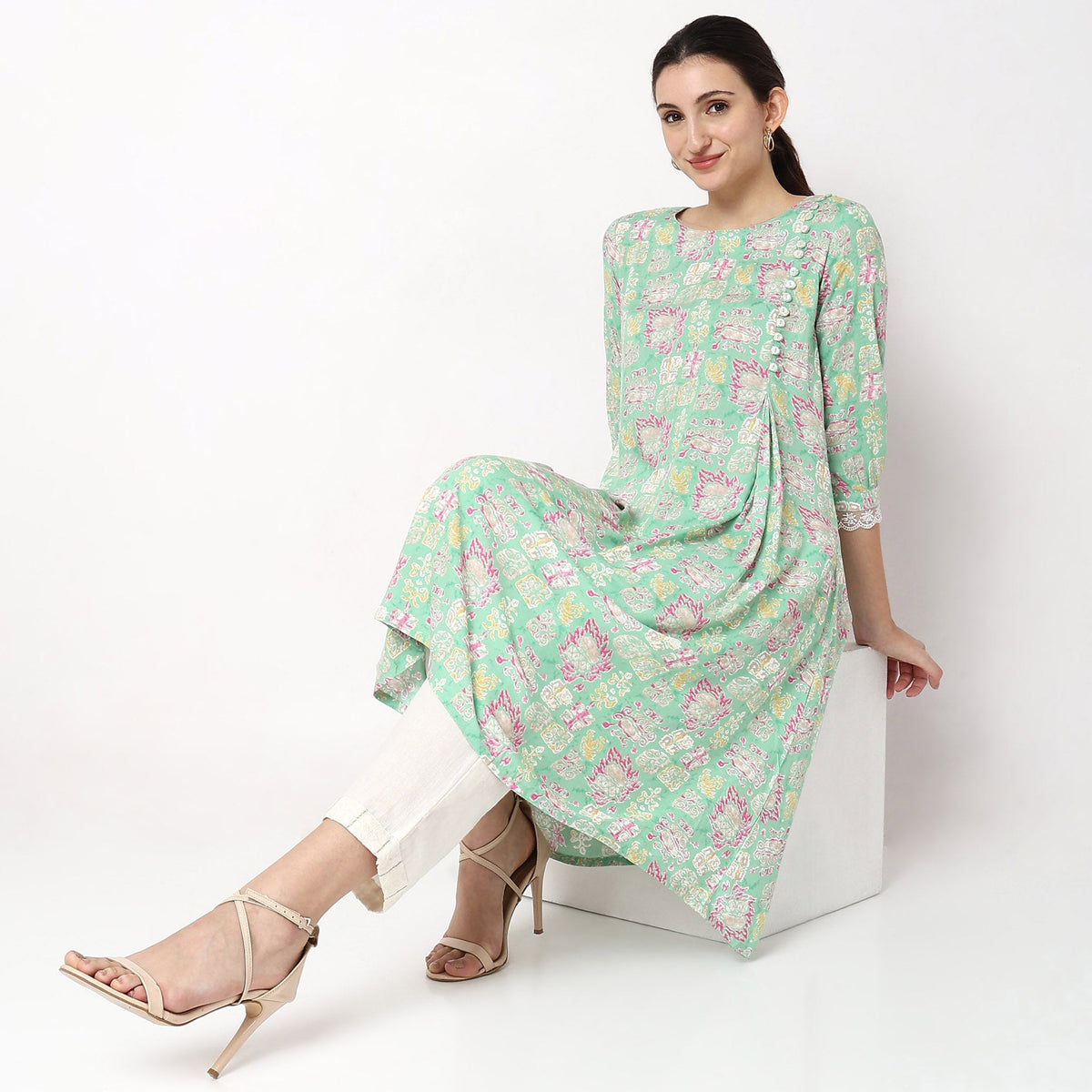 Women Wearing Flare Fit Printed Kurta